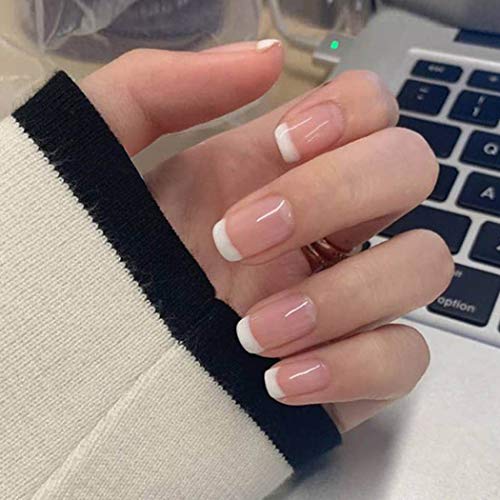 French Press on Nail Nude Short Fake Nails - 24Pcs Square Glossy False Nails for Women & Girls | Green | Perfect for Daily Wear, Parties & Special Occasions