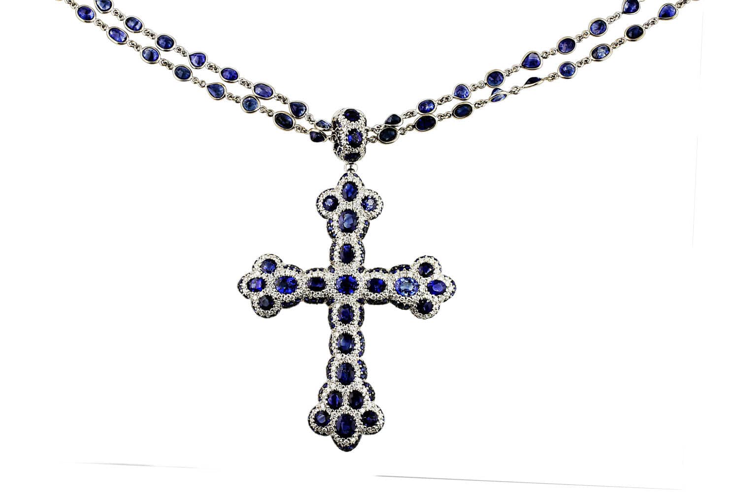18K White Gold Diamond & Sapphire Cross Pendant Necklace for Women - Elegant Religious Jewelry Gift for Baptism, Confirmation & Special Occasions