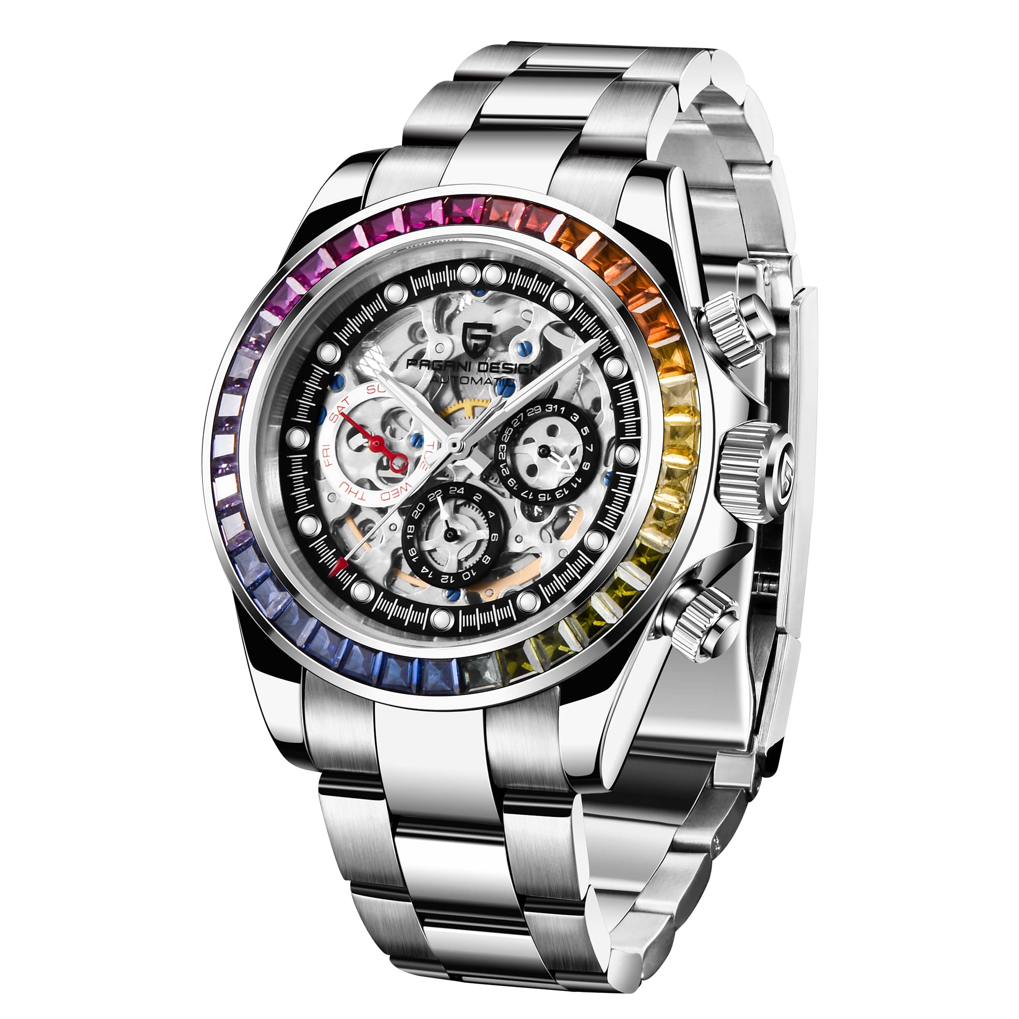 Pagani Design Men's Automatic Mechanical Watch - Rainbow Circle Skeleton Dial, Stainless Steel Case, 50M Waterproof - Perfect for Business, Casual Wear & Special Occasions