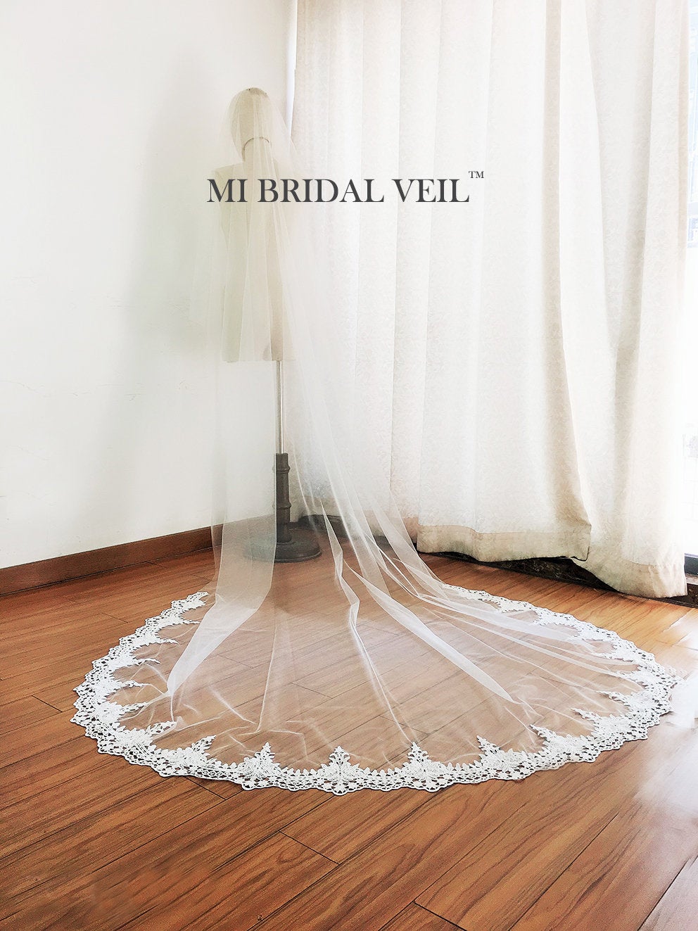 Elegant Cathedral Wedding Veil with Blusher | Venice Lace Trim | Mi Bridal Collection | Perfect for Bridal Showers, Church Weddings & Formal Ceremonies