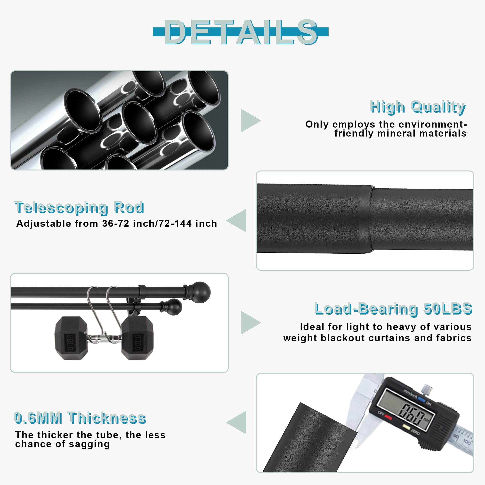 Matte Black Double Curtain Rods 36-72 Inch Adjustable - 1
