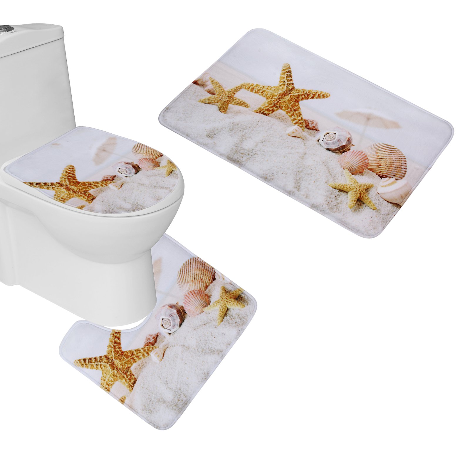 4PCS Non-Slip Yellow Starfish Seashell Shower Curtain Set with Bath Mat Rug - Coastal Ocean Beach Theme Bathroom Decor for Kids & Adults - Includes Pedestal Mat, Toilet Cover & 12 Hooks - Perfect for Beach House, Vacation Rental or Nautical Style Bathroom