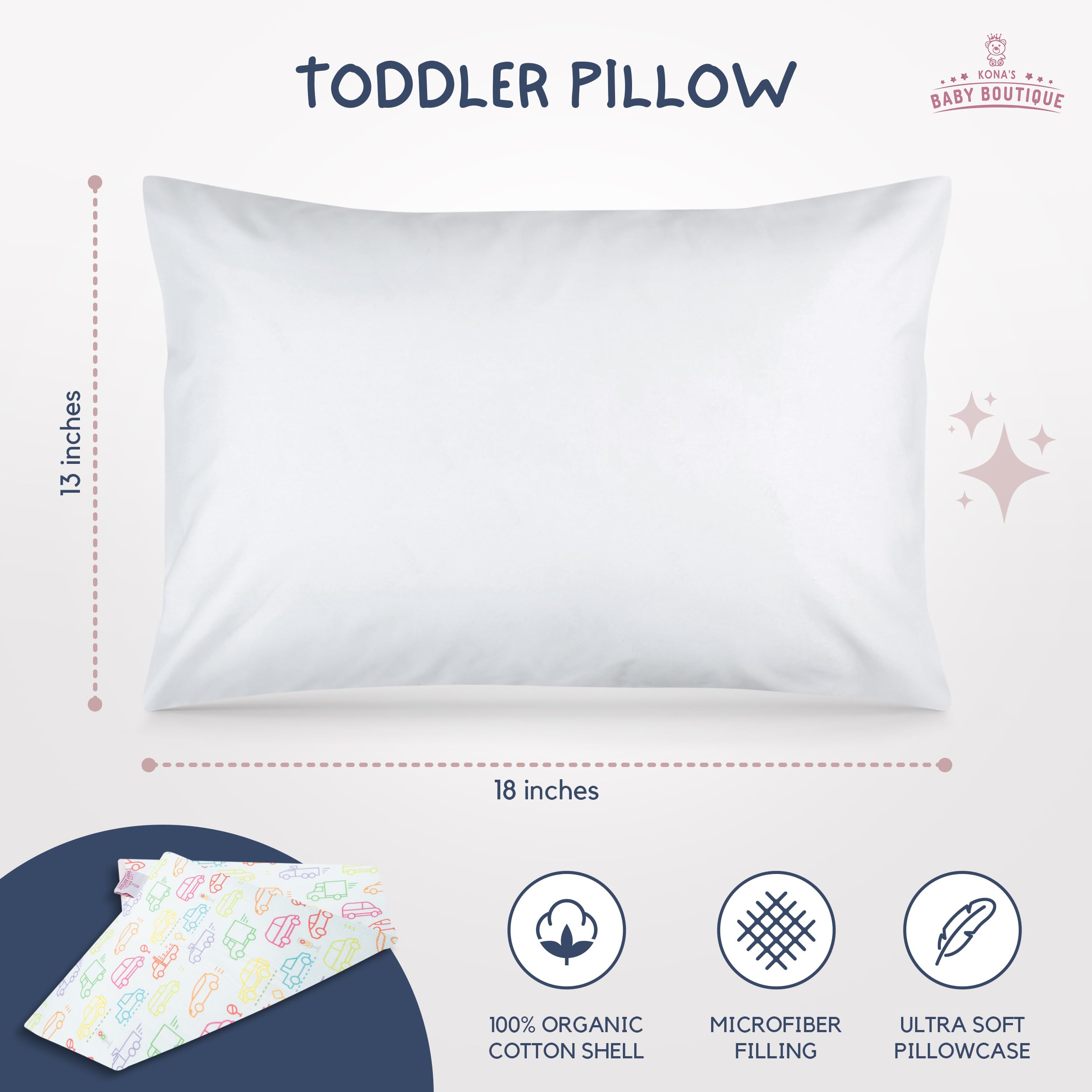 Soft Blue Cars Toddler Pillow for 2-3 Year Olds | 13x18 Inch Kids Pillow with Ultra-Soft Pillowcase | Perfect for Nap Time, Travel & Daycare Use
