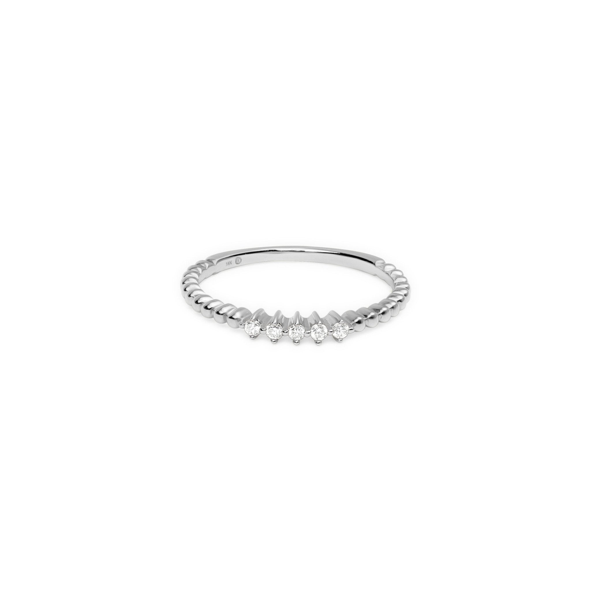 14k White Gold Five Diamond Beaded Ring for Women - Elegant Stackable Wedding Band, Anniversary Gift & Everyday Jewelry