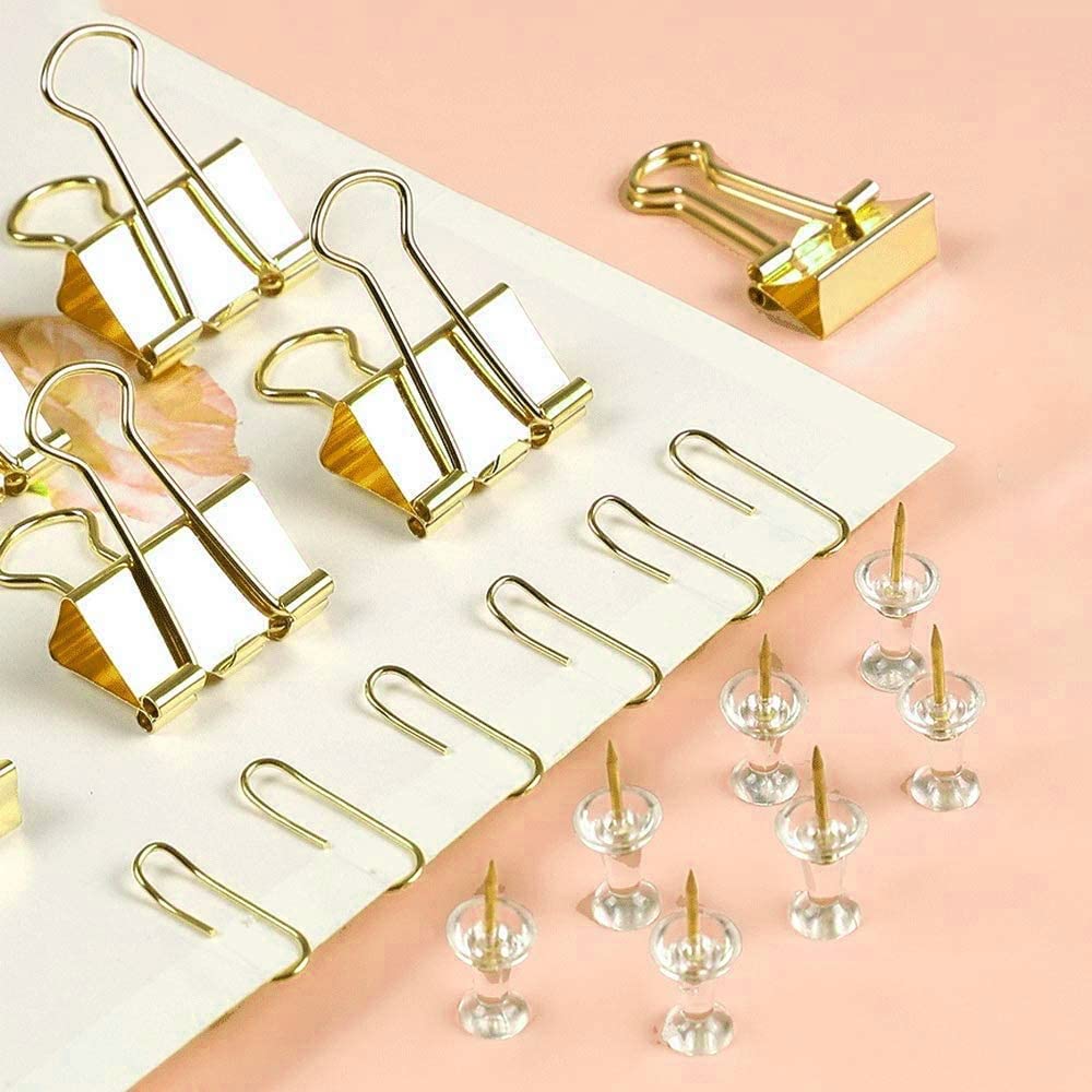 Premium Gold Paper Clips & Binder Clips Set - Assorted Metal Office Supplies with Push Pins - Elegant Desk Accessories for Organizing Documents, Photos & Notes - Perfect for Home Office, School & Workplace Organization
