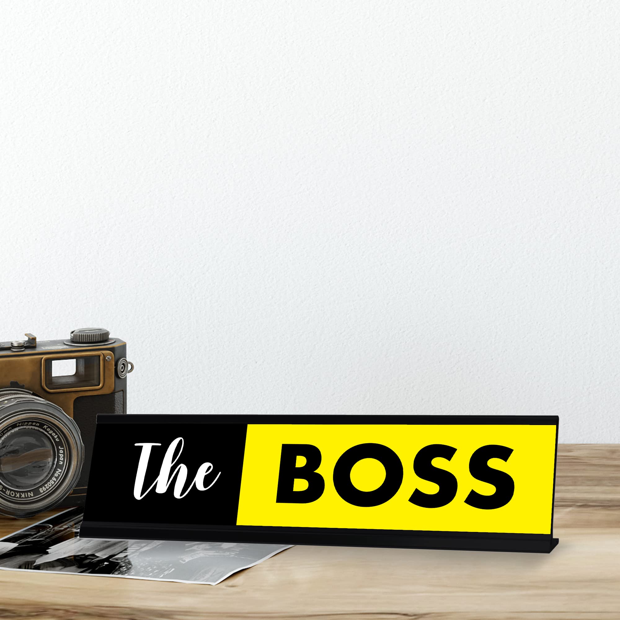 The Boss Novelty Office Sign - Black & Yellow Desk Plaque (2x8 Inch) - Perfect for Gifts, Office Decor, and Workstation Motivation