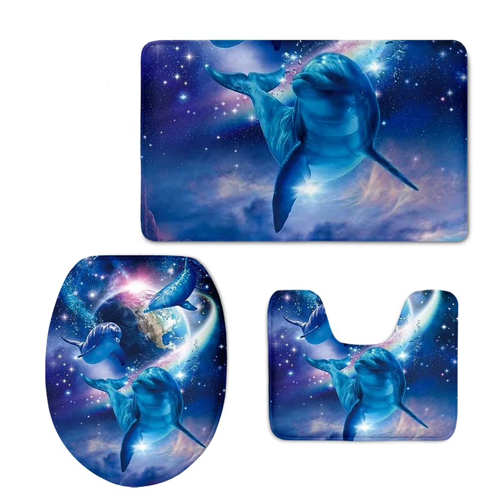Universe Planet Dolphins Print Bath Rug Set - 3 Piece Contour Mat & Toilet Lid Cover for Bathroom Decor - Soft Non-Slip Bath Mat for Kids & Adults - Perfect for Beach Theme or Ocean Inspired Bathrooms