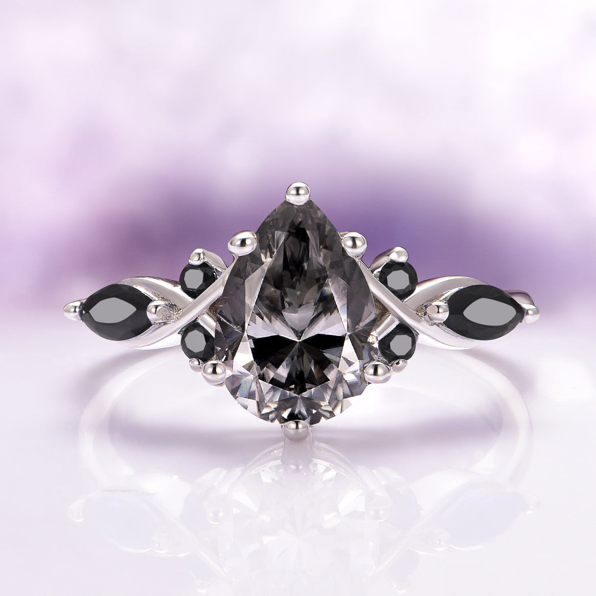 Feyra 14K White Gold Moissanite & Black Onyx Ring for Women | Elegant Wedding, Engagement, Anniversary Jewelry Gift