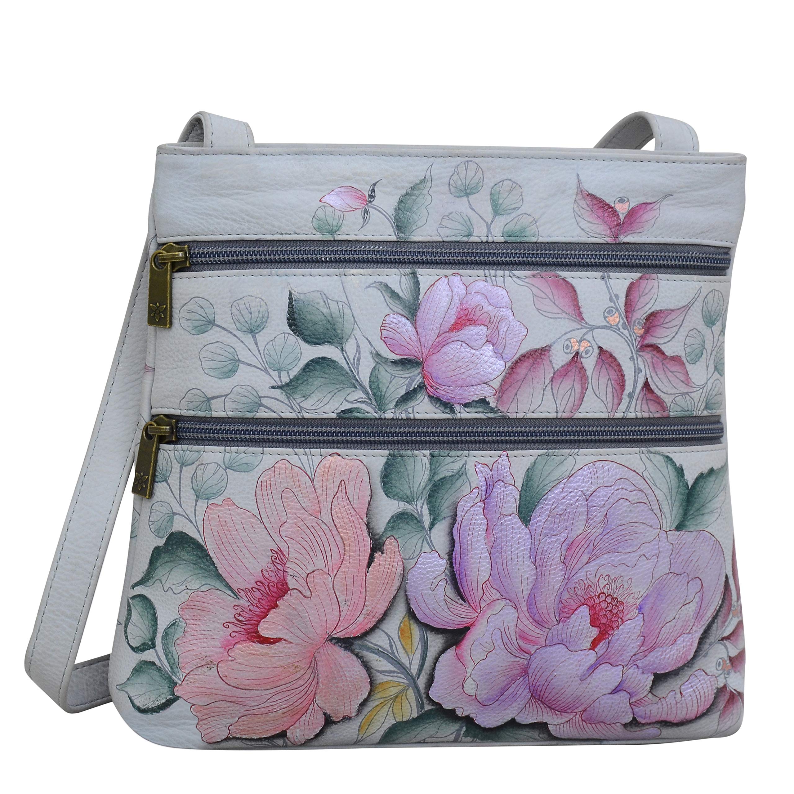 Anuschka Women's Hand Painted Leather Crossbody Purse with Double Zip Pockets & Top Zip Closure - Fashion Shoulder Bag for Daily Use, Travel & Work