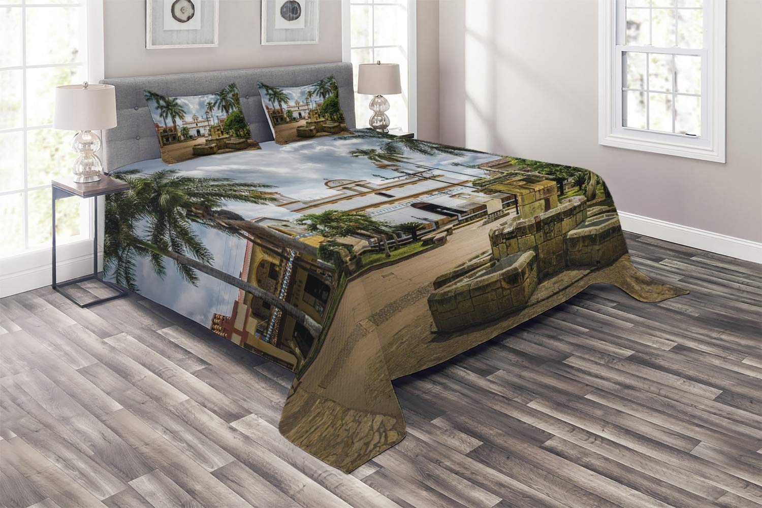 Ambesonne 3-Piece Quilted Bedspread Set - Queen Size Multicolor Mayan Town Design with Palms, Includes Coverlet & 2 Pillow Shams | Honduras Copan Ruinas Inspired Decor | Perfect for Guest Rooms, Vacation Homes & Bohemian Bedroom Themes