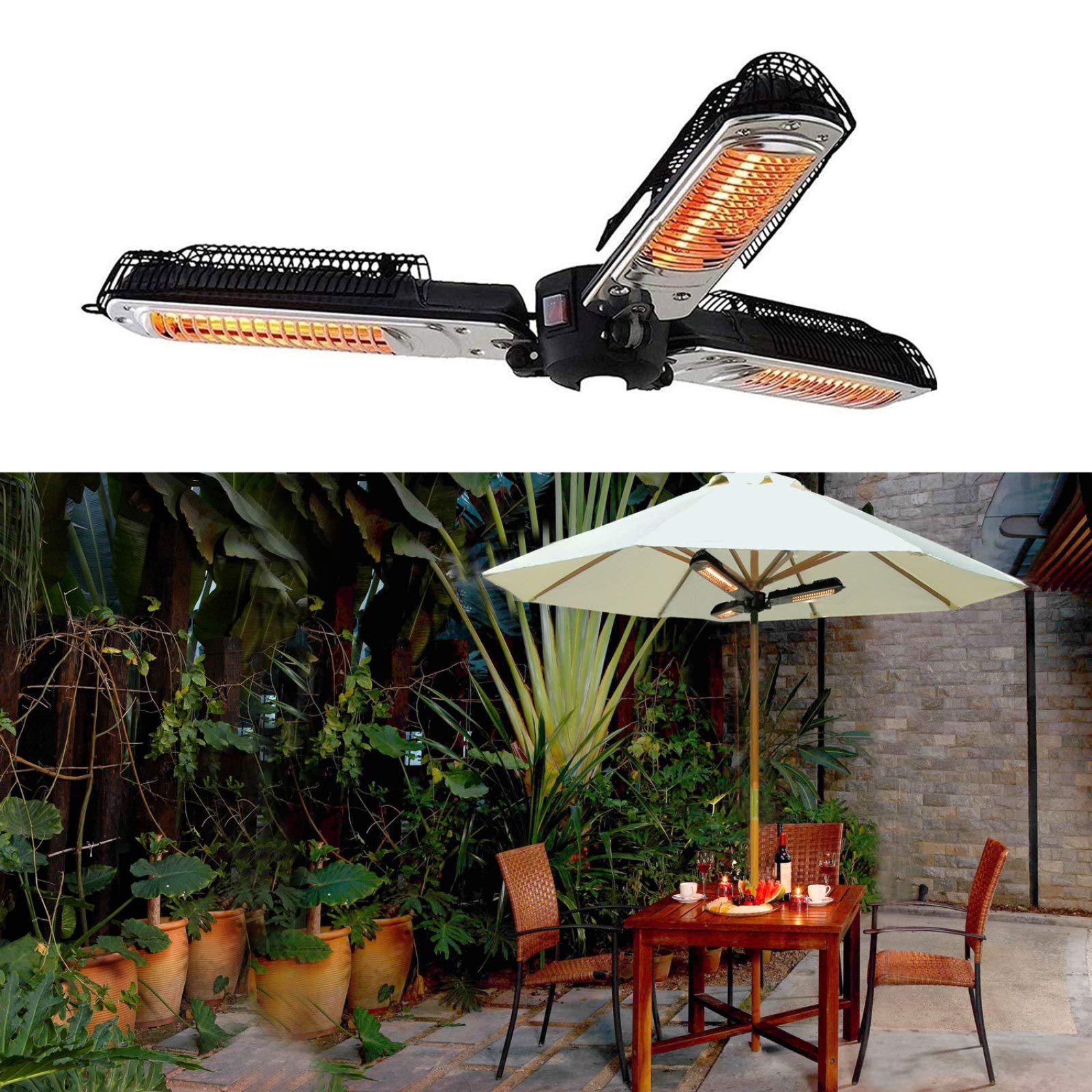 1500W Electric Infrared Patio Heater with 3 Heat Settings - IP34 Waterproof & Tip-Over Protection - Black Outdoor Umbrella Heater for Patio, Garden, Deck & Indoor Use