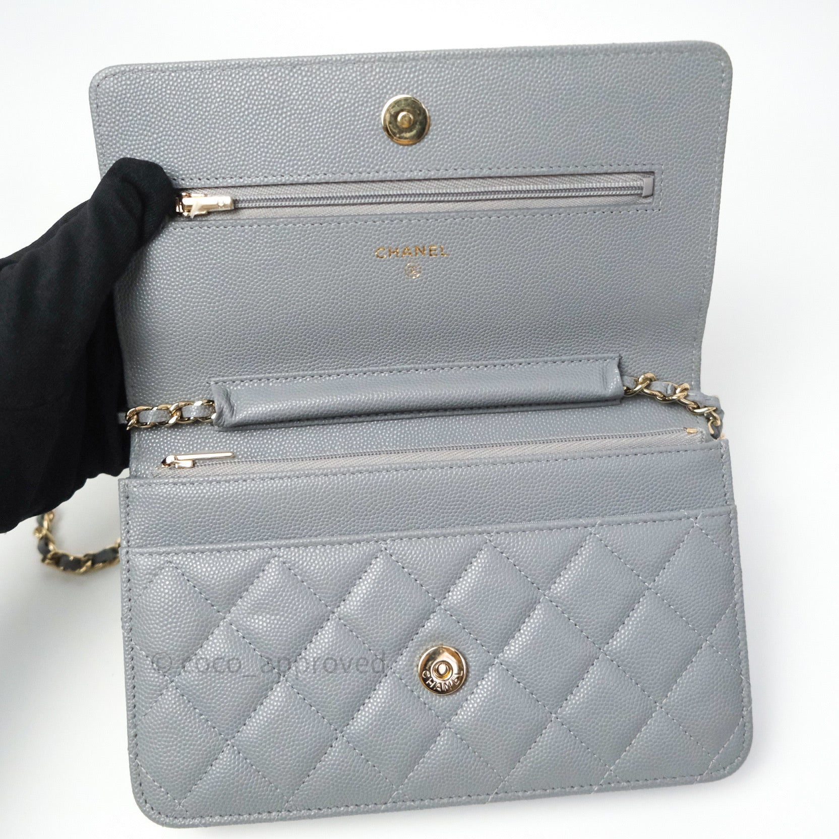 Chanel Caviar Quilted Wallet on Chain WOC in Grey with Light Gold Hardware - 20C Collection | Luxury Crossbody Bag for Women, Perfect for Evening Events & Daily Use