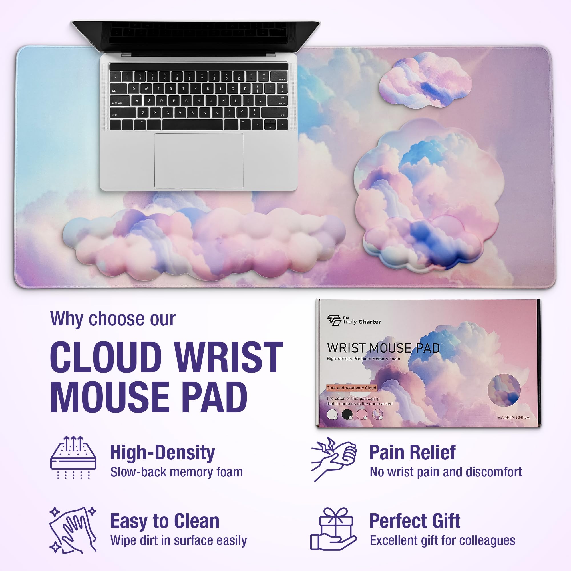 Ergonomic Cloud Wrist Rest Set - Keyboard Wrist Pad, Mouse Pad & Drink Coaster for Comfortable Office & Gaming Setup - Perfect for Computer Workstations, Home Office & PC Gaming Accessories