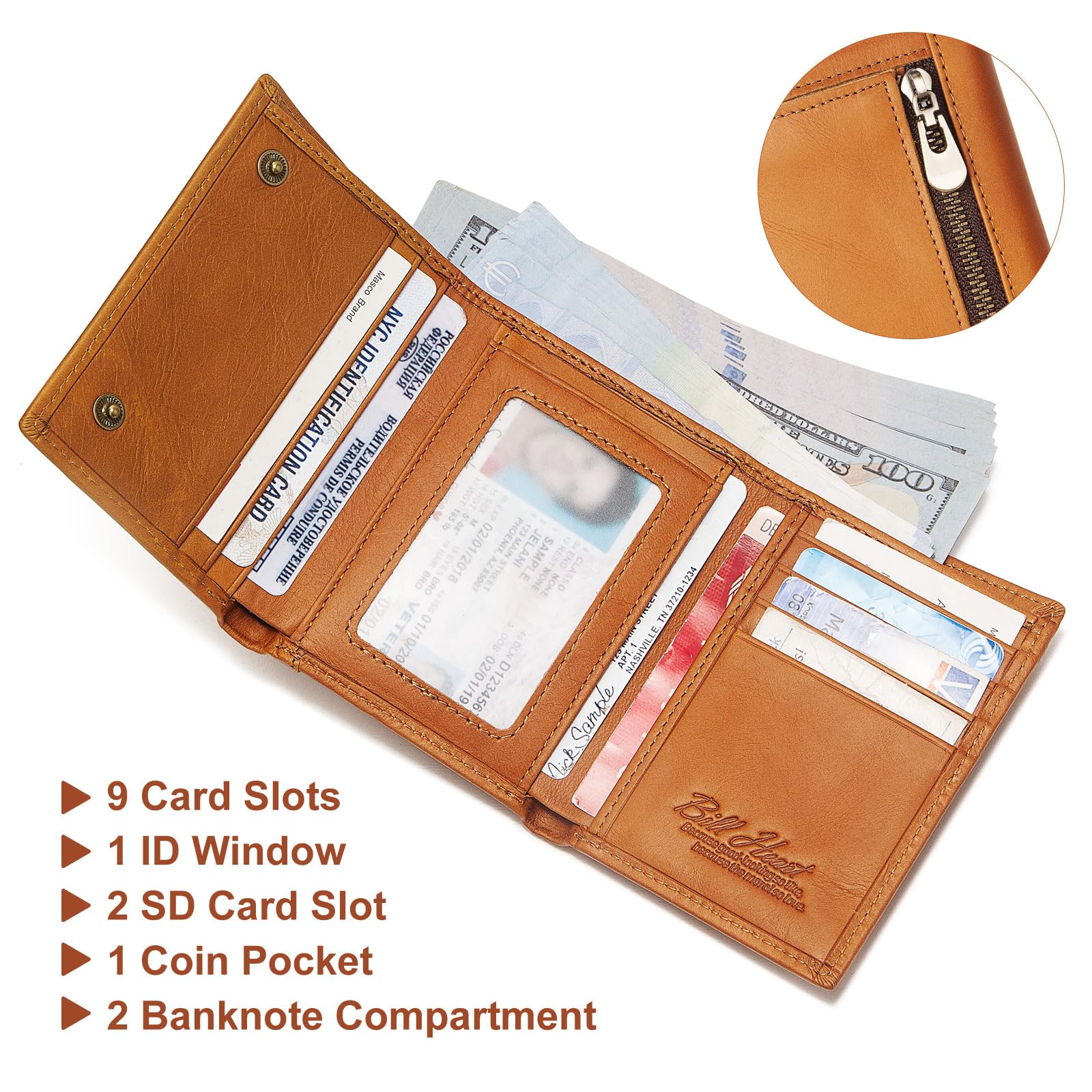 Men's Genuine Leather Biker Trifold Wallet with RFID Blocking & Anti-Theft Chain - Brown RFID Blocking Wallet with Coin Pocket for Motorcycle Riders & Travel Security