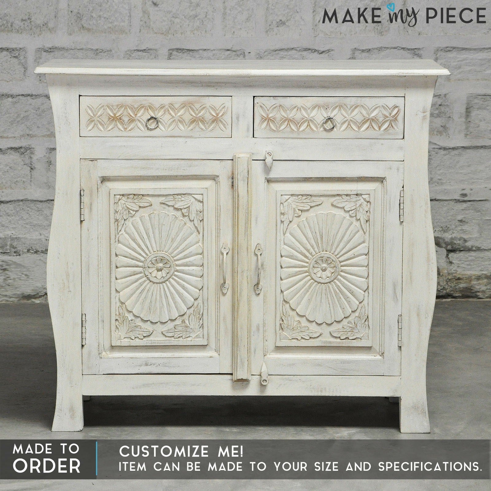 French Colonial Style Hand Carved Solid Wood Sideboard Buffet Cabinet - White Distressed Finish for Dining Room, Living Room & Entryway Decor