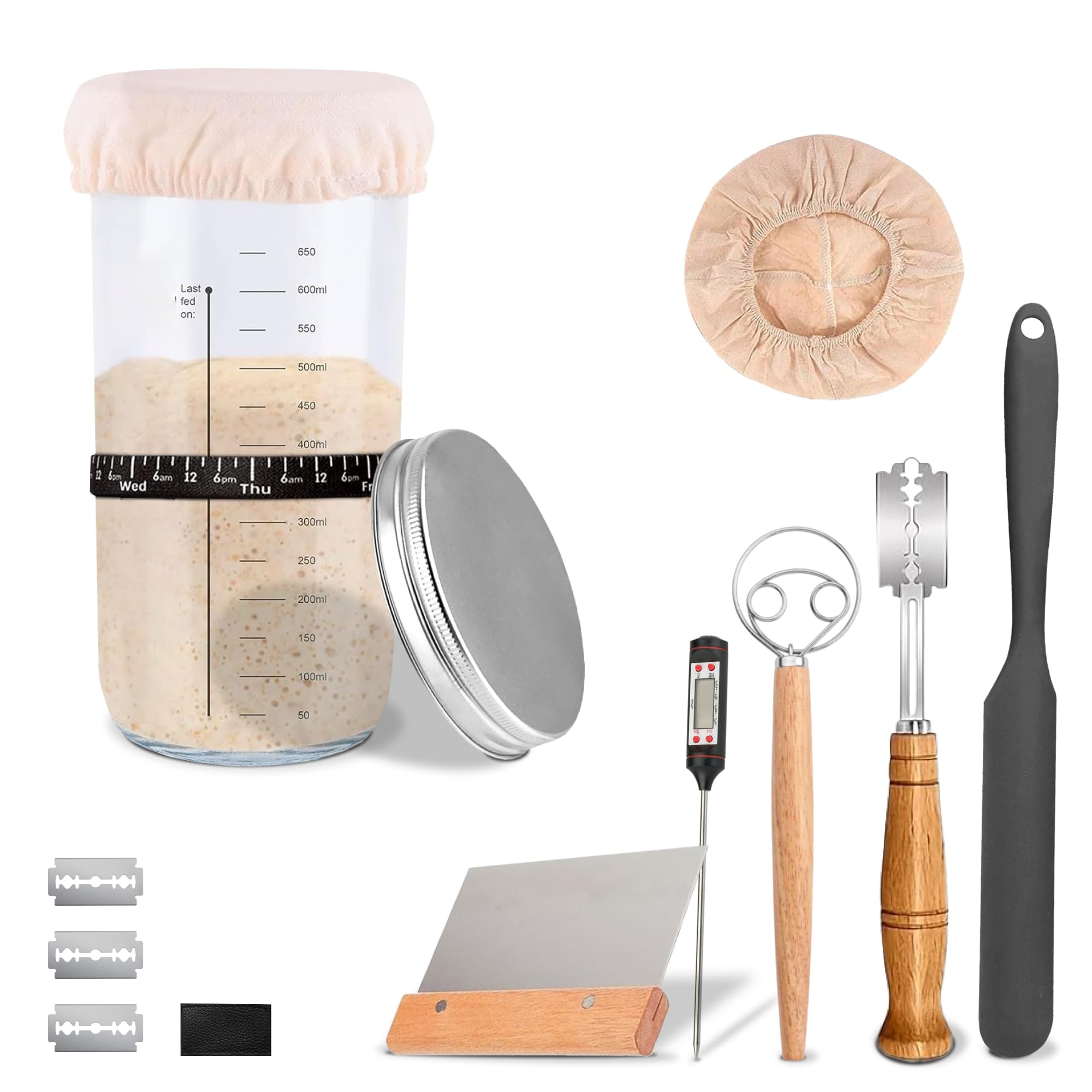 Organic Sourdough Starter Kit with Glass Jar - Complete Bread Making Supplies Set for Beginners to Experts - Includes 7 Essential Tools for Homemade Artisan Bread Baking | Perfect for Home Bakers, Gifts & Kitchen DIY Projects