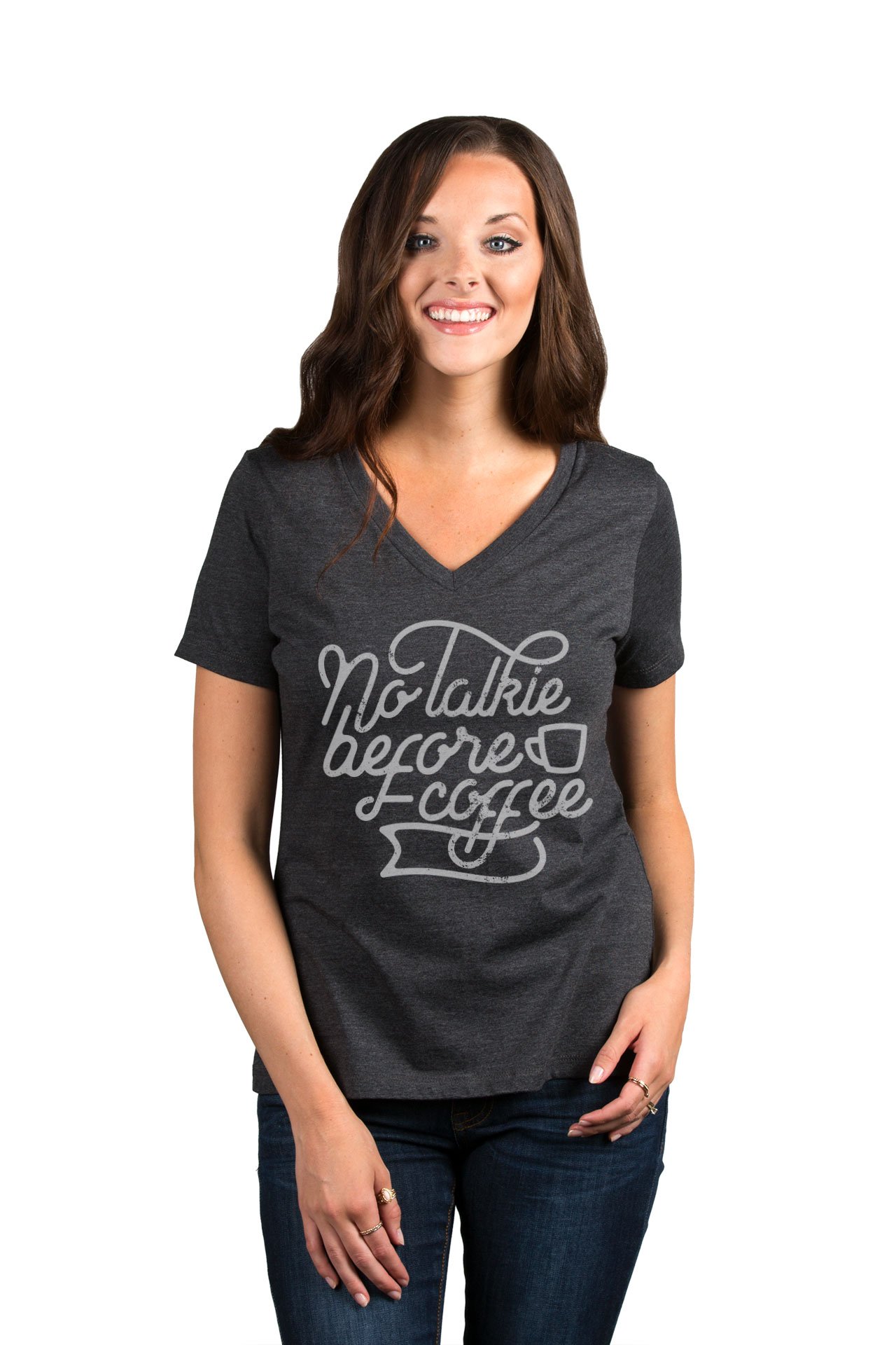 No Talkie Before Coffee Women's Relaxed V-Neck T-Shirt - Soft Casual Tee for Coffee Lovers, Weekend Wear & Everyday Comfort