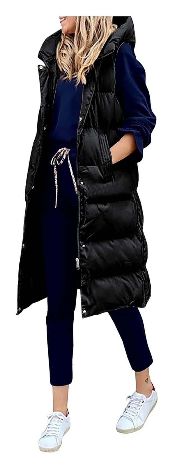 Women's Long Down Jacket Sleeveless Hooded Vest - Winter Warm Puffer Waistcoat for Outdoor Activities, Hiking & Cold Weather Fashion