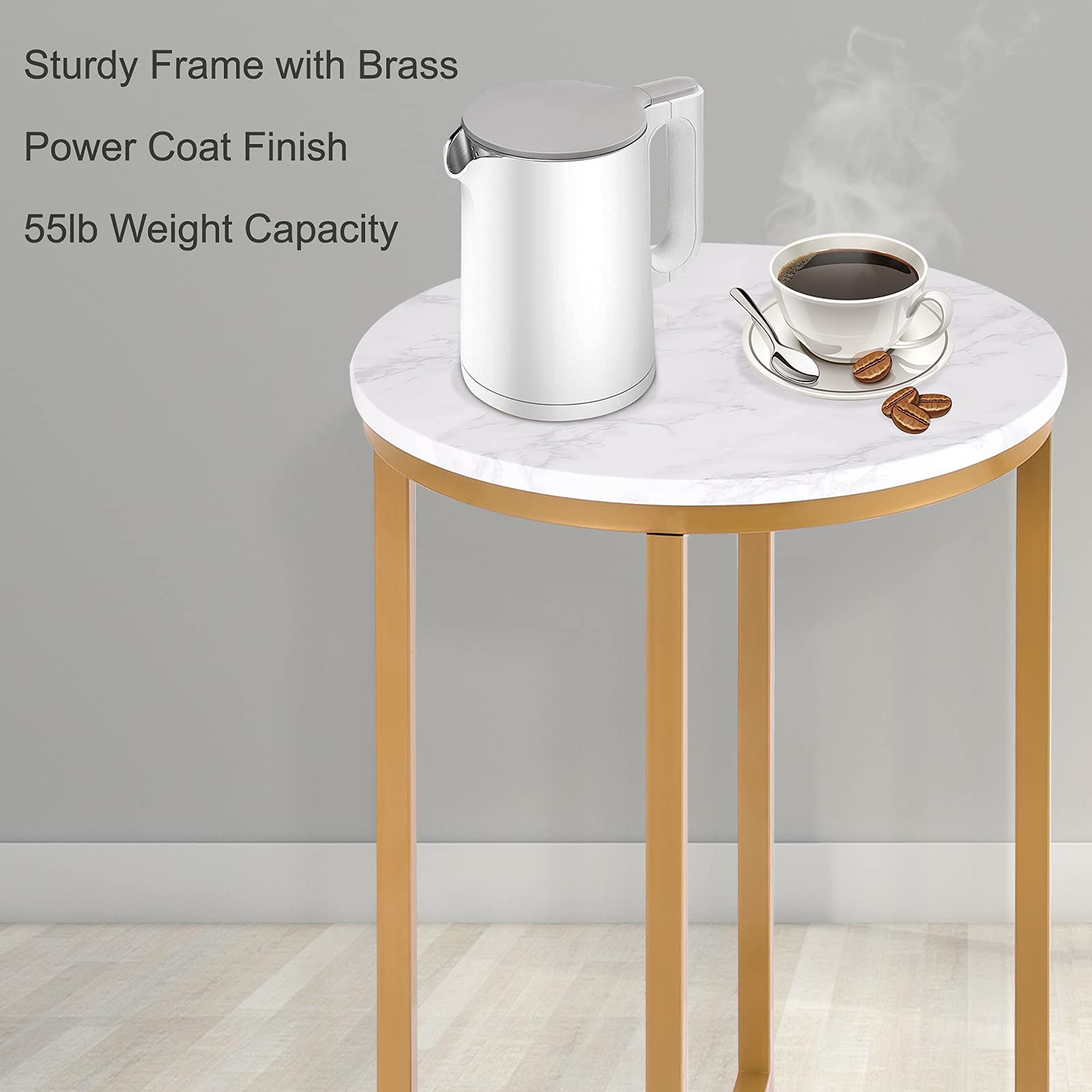 Stylish Round Side Table with Marble Top & Gold Metal Base - Modern End Table, Nightstand or Coffee Table for Bedroom, Living Room, Office - 16