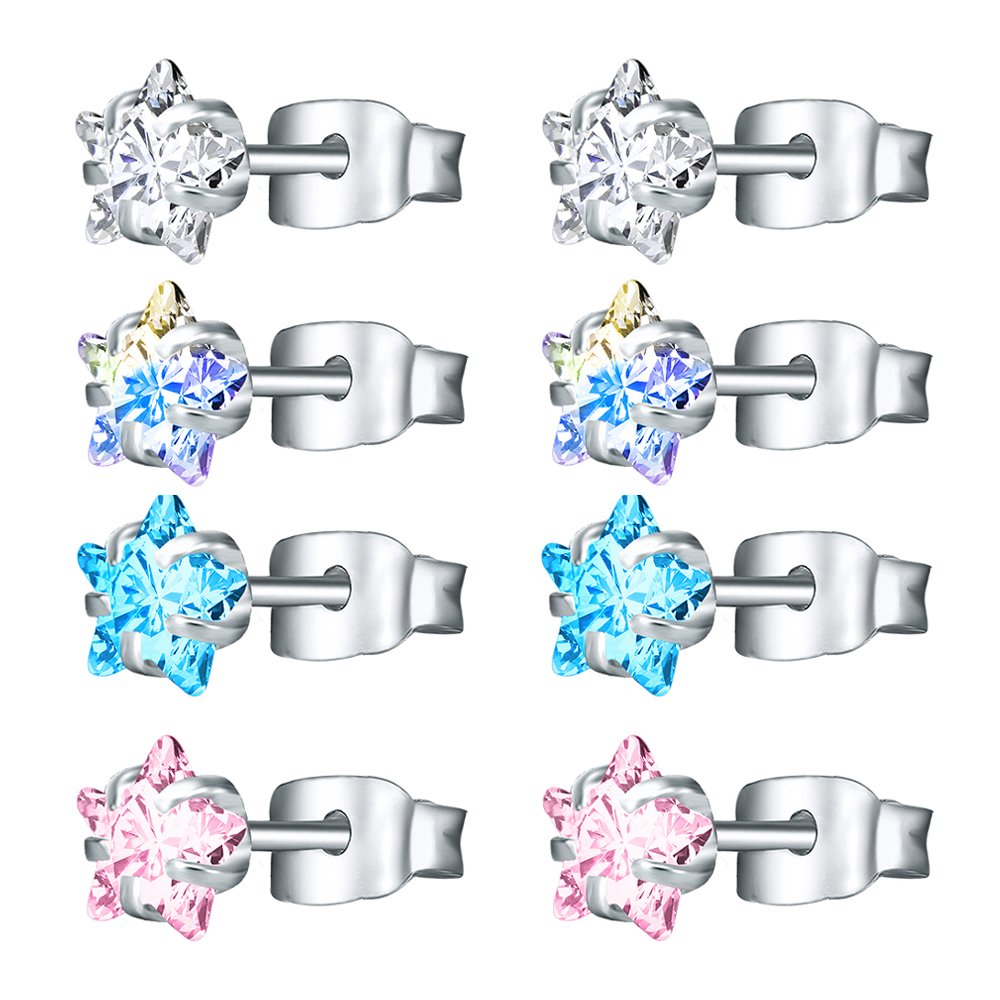 Sparkling Cubic Zirconia Stainless Steel Stud Earrings - 4 Pairs Helix Cartilage Earrings for Women | Hypoallergenic, Comfort Fit | Perfect for Daily Wear, Parties & Special Occasions