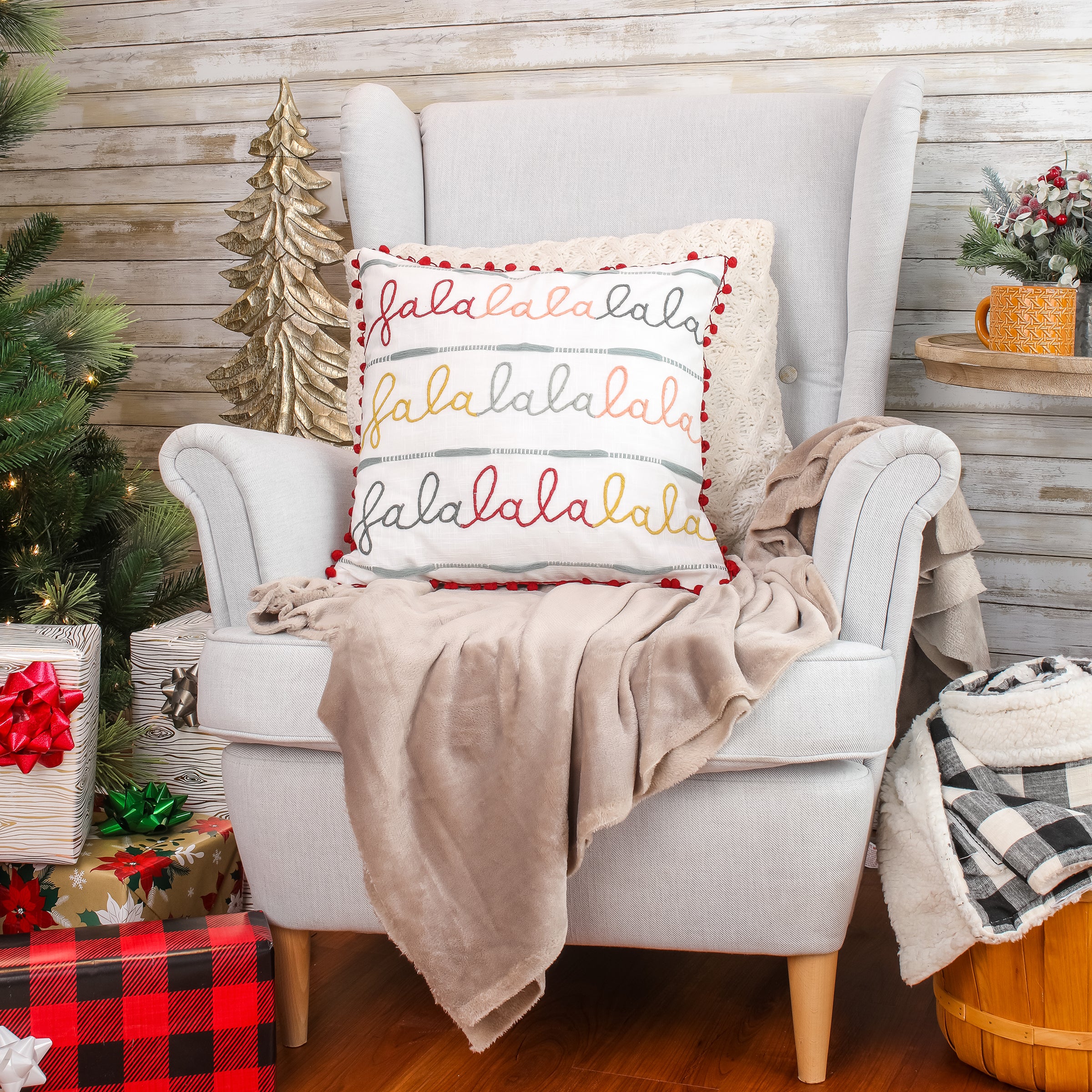 18x18 Inch HGTV Falala Embroidered Decorative Throw Pillow Cover - Perfect for Christmas Decor, Sofa, Bed & Home Accent