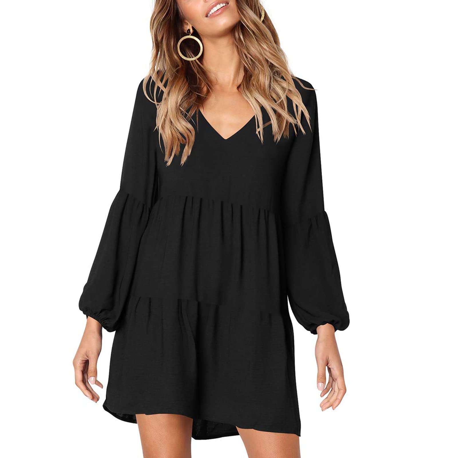 **Estink Women's Long Sleeve V-Neck Mini Dress - Flowy Casual Loose Fit Short Dress (Large, Black) - Perfect for Parties, Dates & Everyday Wear**