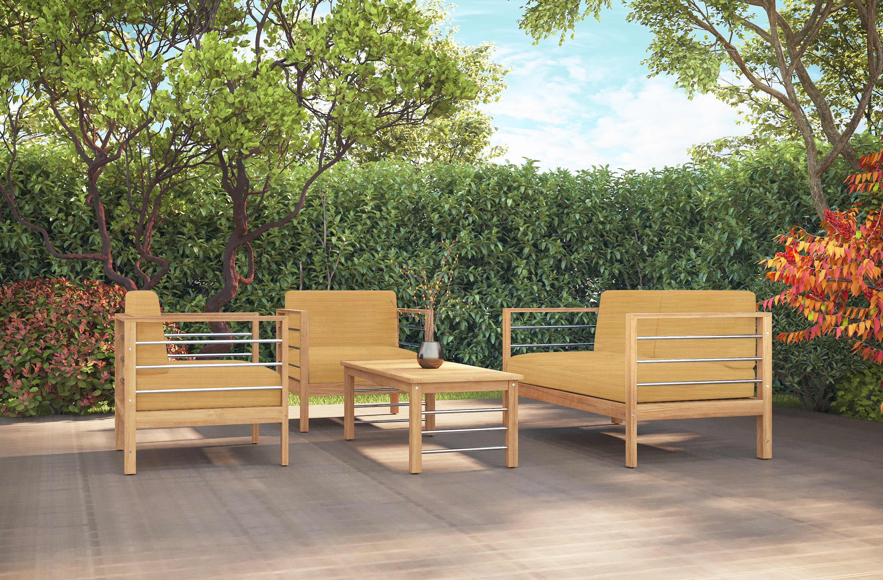 Leon 4-Piece Teak Outdoor Patio Deep Seating Set with Sunbrella Dupione Cornsilk Cushions - Perfect for Backyard, Garden & Poolside Relaxation