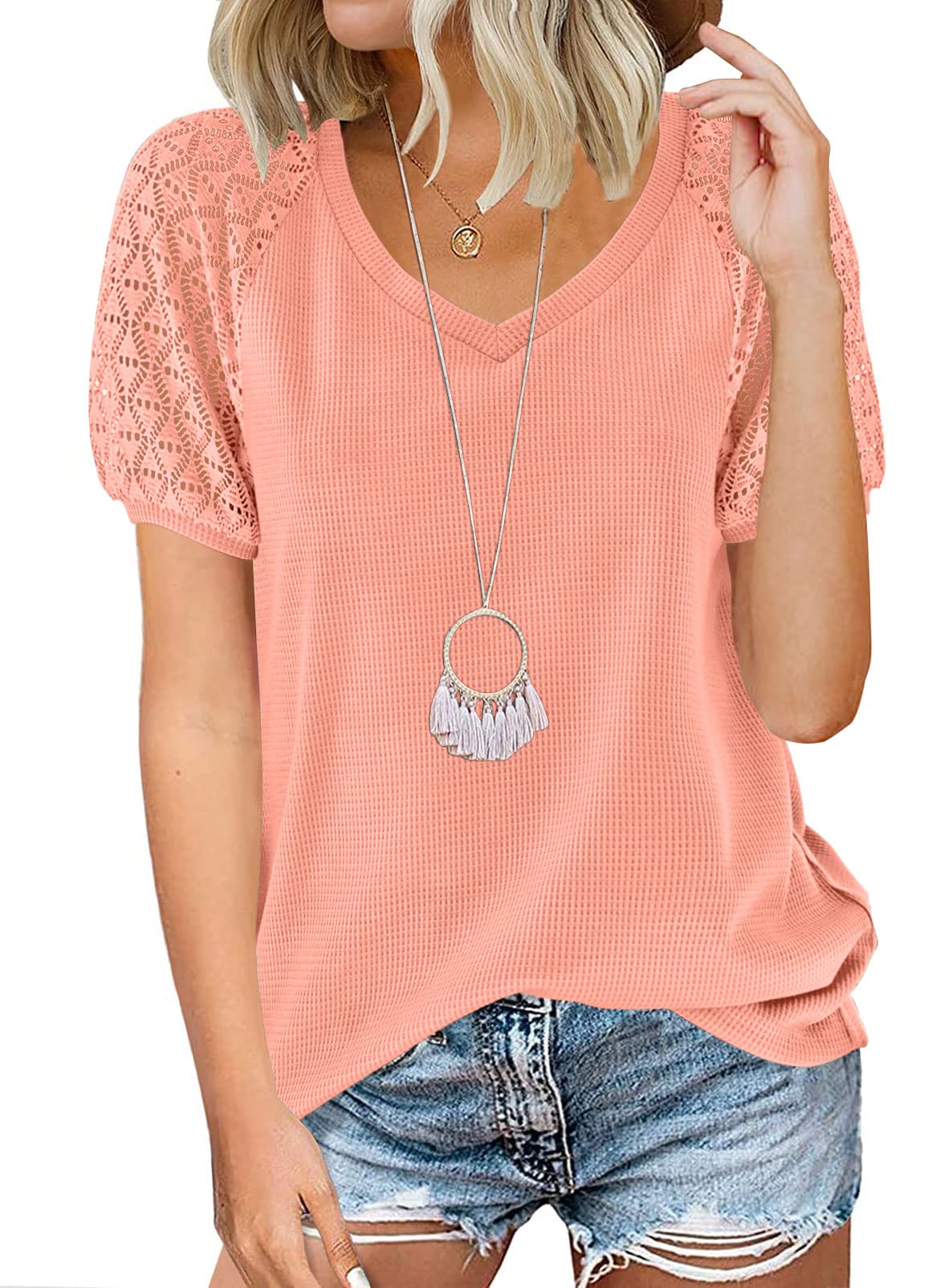 SYZRI Women's V Neck Lace Short Sleeve Blouse - Waffle Knit Loose Casual T-Shirt Top for Summer, Spring & Fall - Perfect for Office, Date Night & Weekend Outings