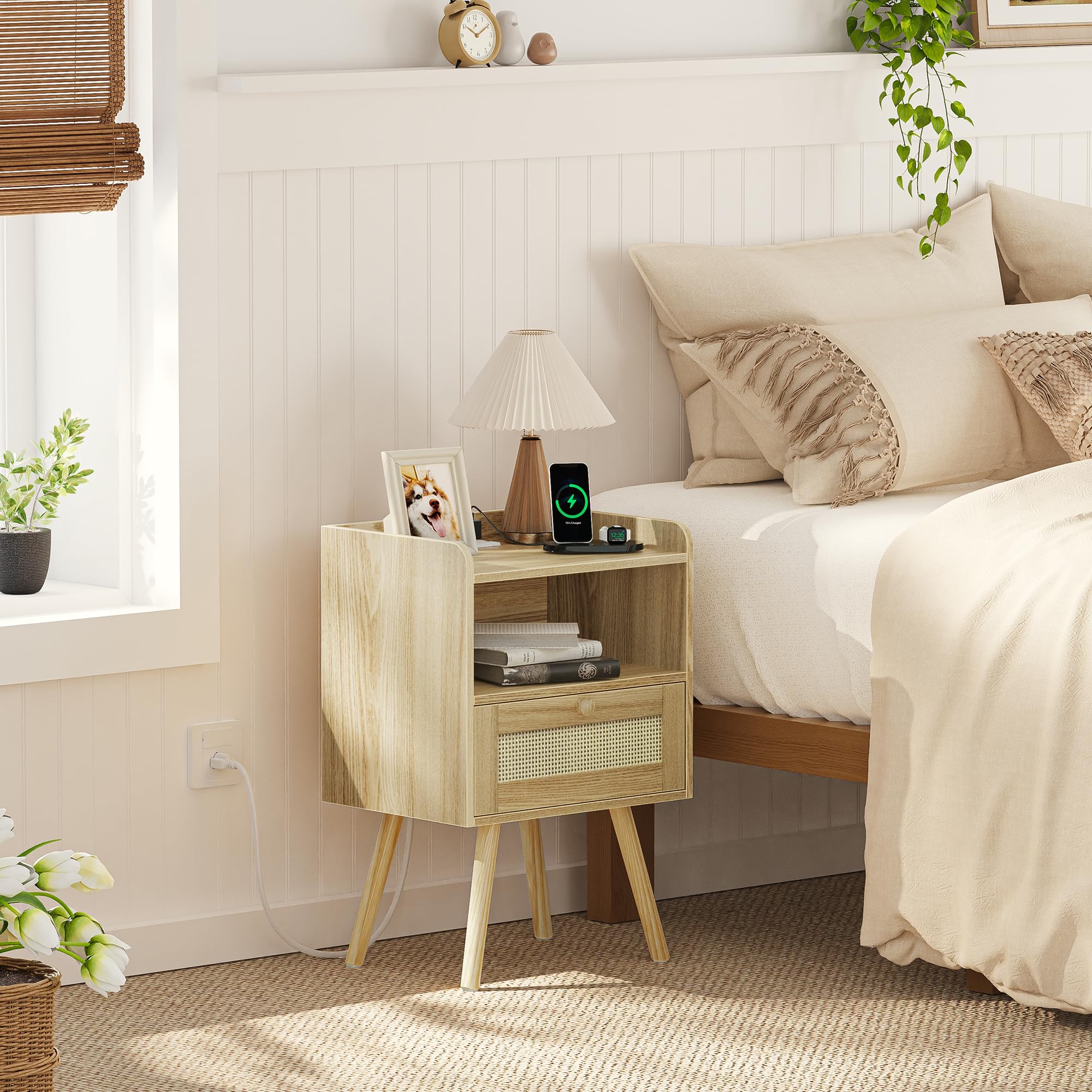 Premium Nightstands Set of 2 with USB Charging Station & Rattan Drawers - Solid Wood Bedside Tables with PE Woven Decor for Bedroom, Living Room, Office - Natural Finish - Perfect for Small Spaces & Modern Home Decor
