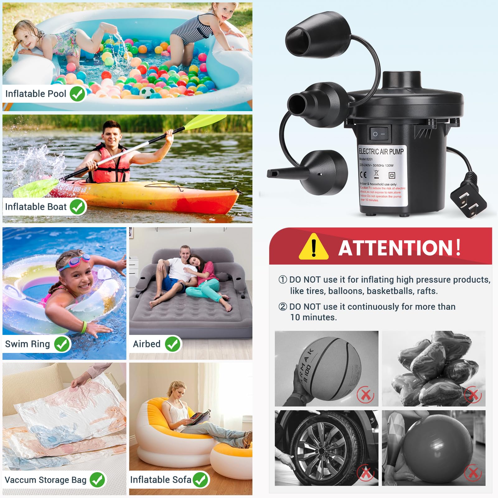 **130W Electric Air Pump for Pool Inflatable, AC/110V - Fast Inflator with 3 Nozzles for Air Mattress, Swimming Ring, Inflatable Cushion - Perfect for Outdoor Camping, Beach Trips & Home Use**