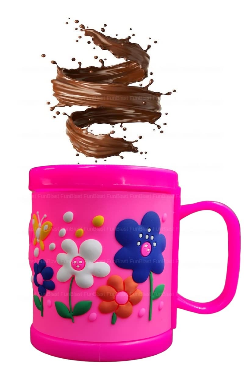 FunBlast Kids Milk Mug with Cartoon Flower Design - 350ML BPA-Free Plastic Drinking Cup for Girls & Boys - Perfect Birthday Gift, Party Favors & Daily Use at Home or School (Pink)