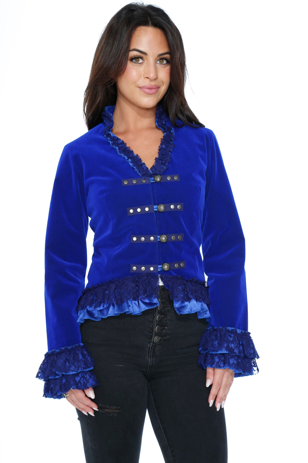 Blue Velvet Gloria Tailed Jacket for Women - Elegant Evening Dress Coat for Parties, Weddings & Special Occasions
