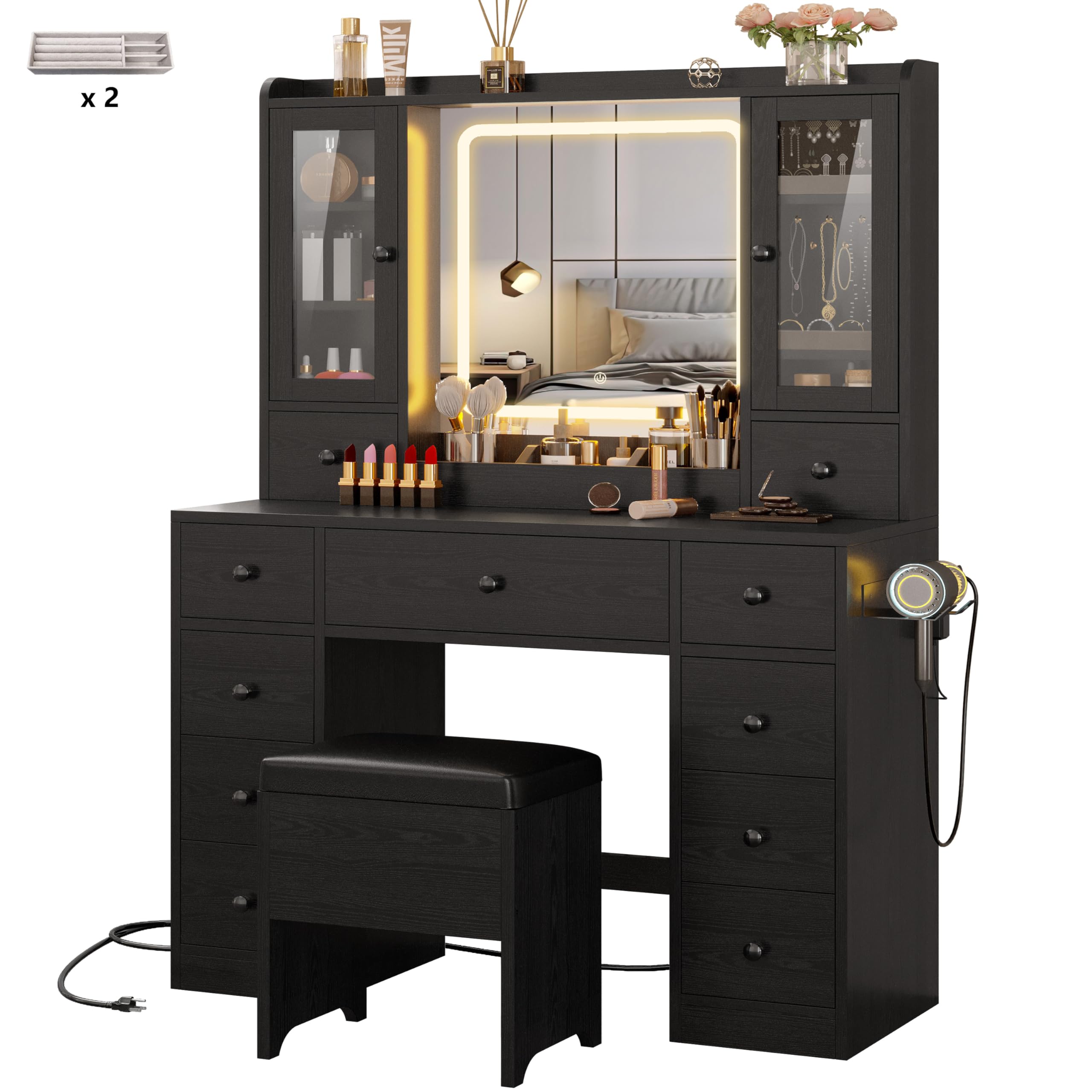 Black IRONCK LED Vanity Desk with Mirror & Charging Station - Perfect for Makeup & Jewelry Storage