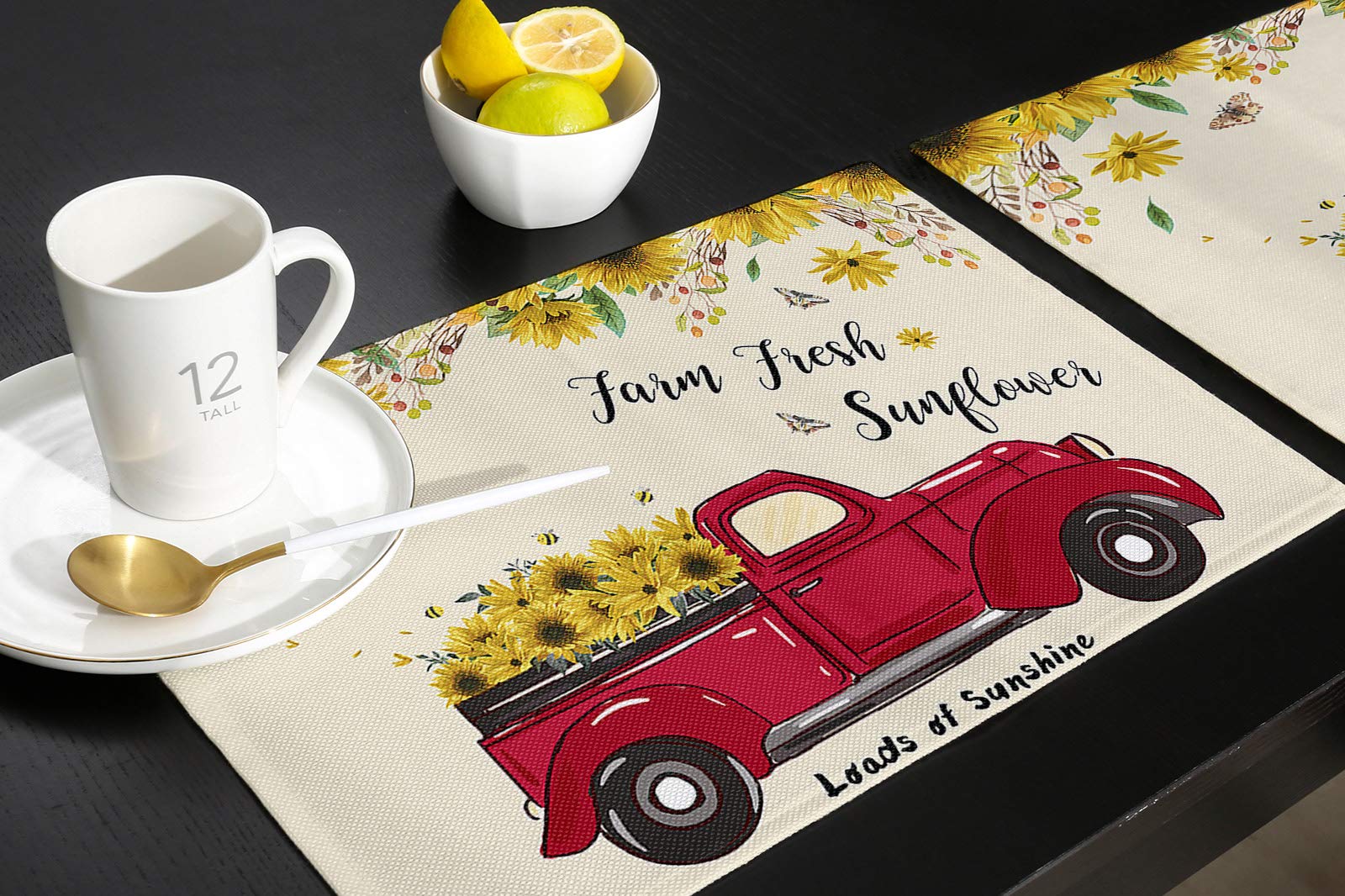 Harvest Farm Red Truck Full of Blooming Sunflowers Placemats - Set of 4 Washable Stain Resistant Cotton Linen Woven Dining Table Mats (12