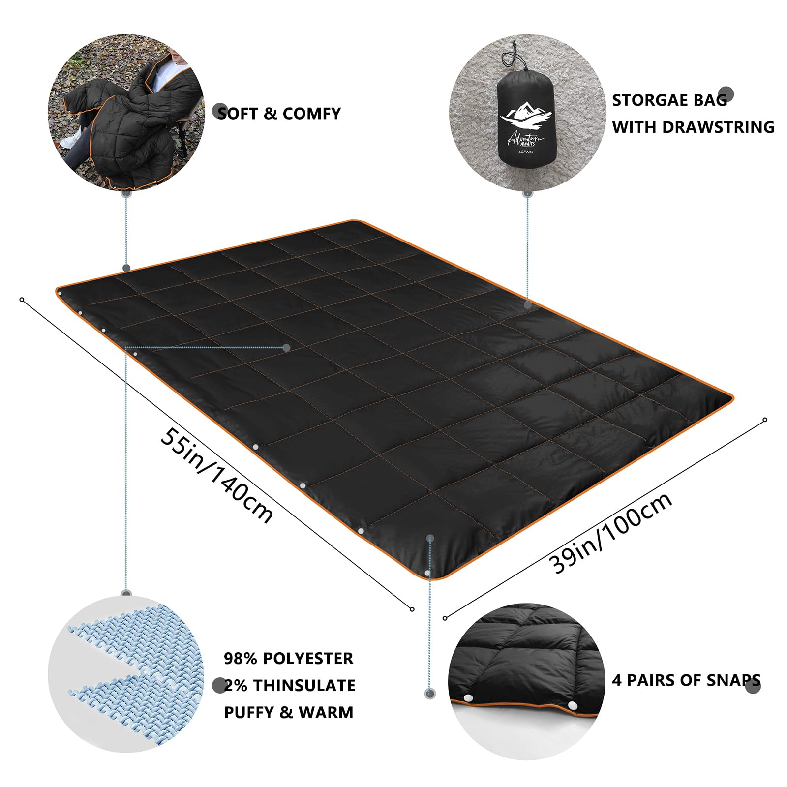 Lightweight Packable Down Alternative Camping Blanket - Waterproof Windproof Travel Blanket for Outdoors, Beach, Hiking & Airplane - Perfect for Picnics, Camping Trips and Cozy Flights
