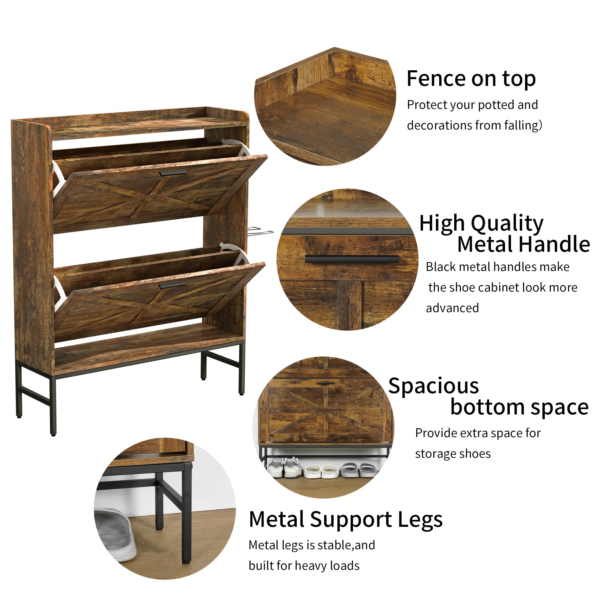 Rustic Brown Shoe Cabinet with 2 Flip Drawers & Boot Rack - Narrow Shoe Storage Organizer for Entryway, Foyer, Hallway - Perfect for Small Spaces & Closet Organization