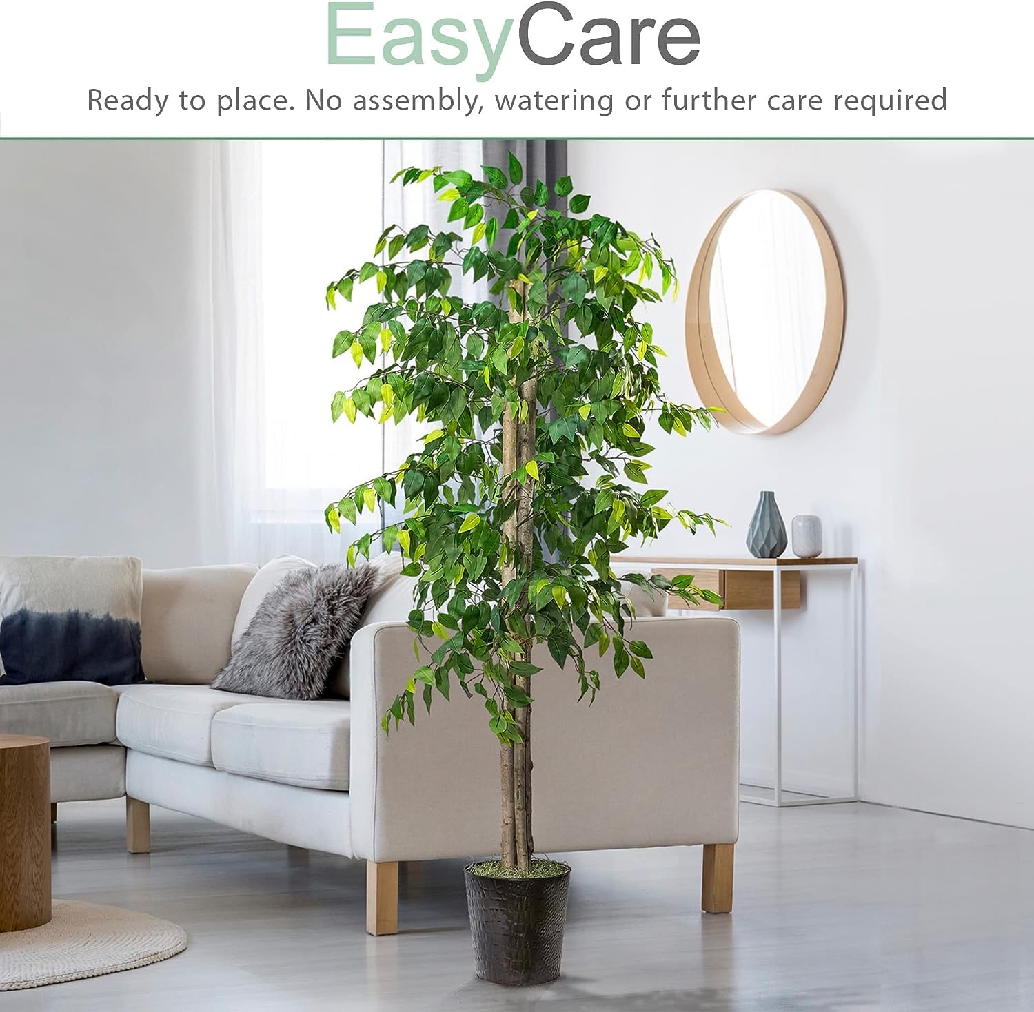 Premium 6FT Artificial Ficus Tree with Real-Wood Trunk & Black Metal Pot - Indoor Outdoor Faux Plant for Home, Office, Patio Decor - Perfect for Living Room, Bedroom, Balcony & Garden Spaces (Deluxe Edition)