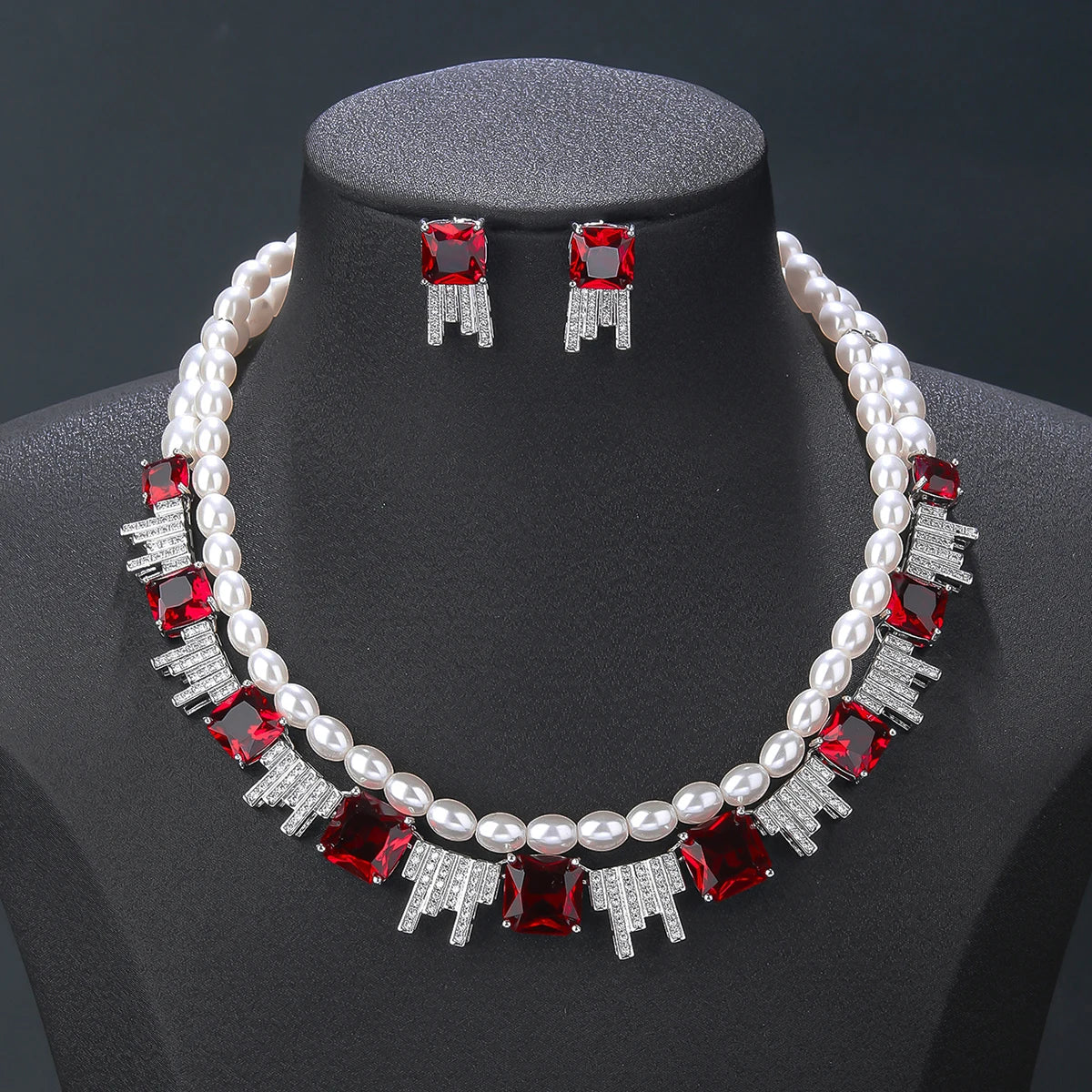 Luxury Cubic Zirconia Pearl Two Layer Necklace and Earrings Set for Women - Elegant Wedding Bridal Jewelry, Perfect for Bridesmaid Gifts & Special Occasions | CN10806A