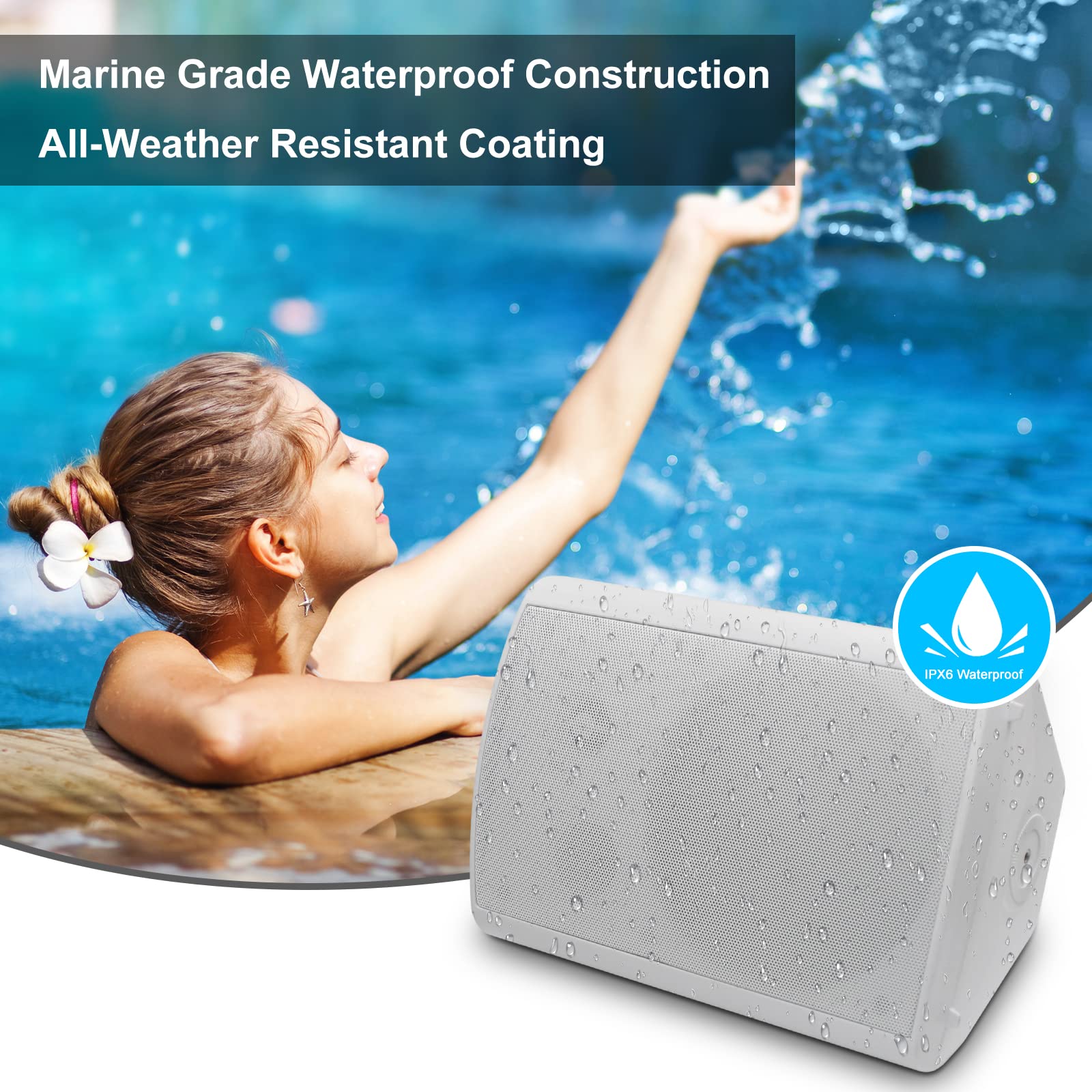 Herdio 800W 6.5 Inch Outdoor Bluetooth Waterproof Speakers with Amplifier - Wall Mounted Sound System for Patio, Garden, Pool Party - Enhanced Bass, Durable & Swivel Brackets (2 Pairs, White) - Perfect for Backyard BBQs, Outdoor Movies & Home Entertainment
