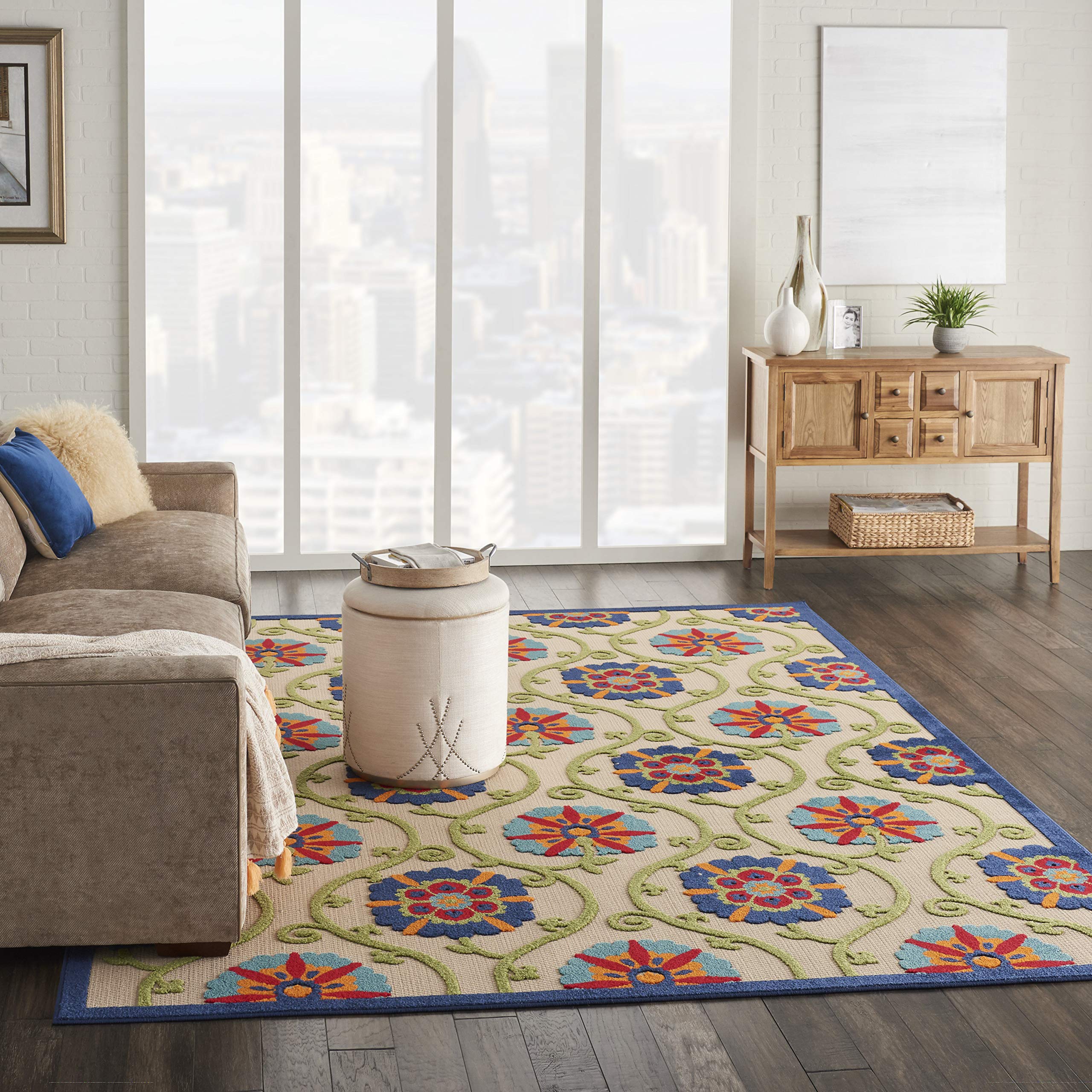 Nourison Aloha Indoor-Outdoor 7' x 10' Area Rug - Blue & Multicolor Design, Easy to Clean, Non-Shedding | Perfect for Bedroom, Living Room, Dining Room, Deck, Backyard & Patio (7x10)