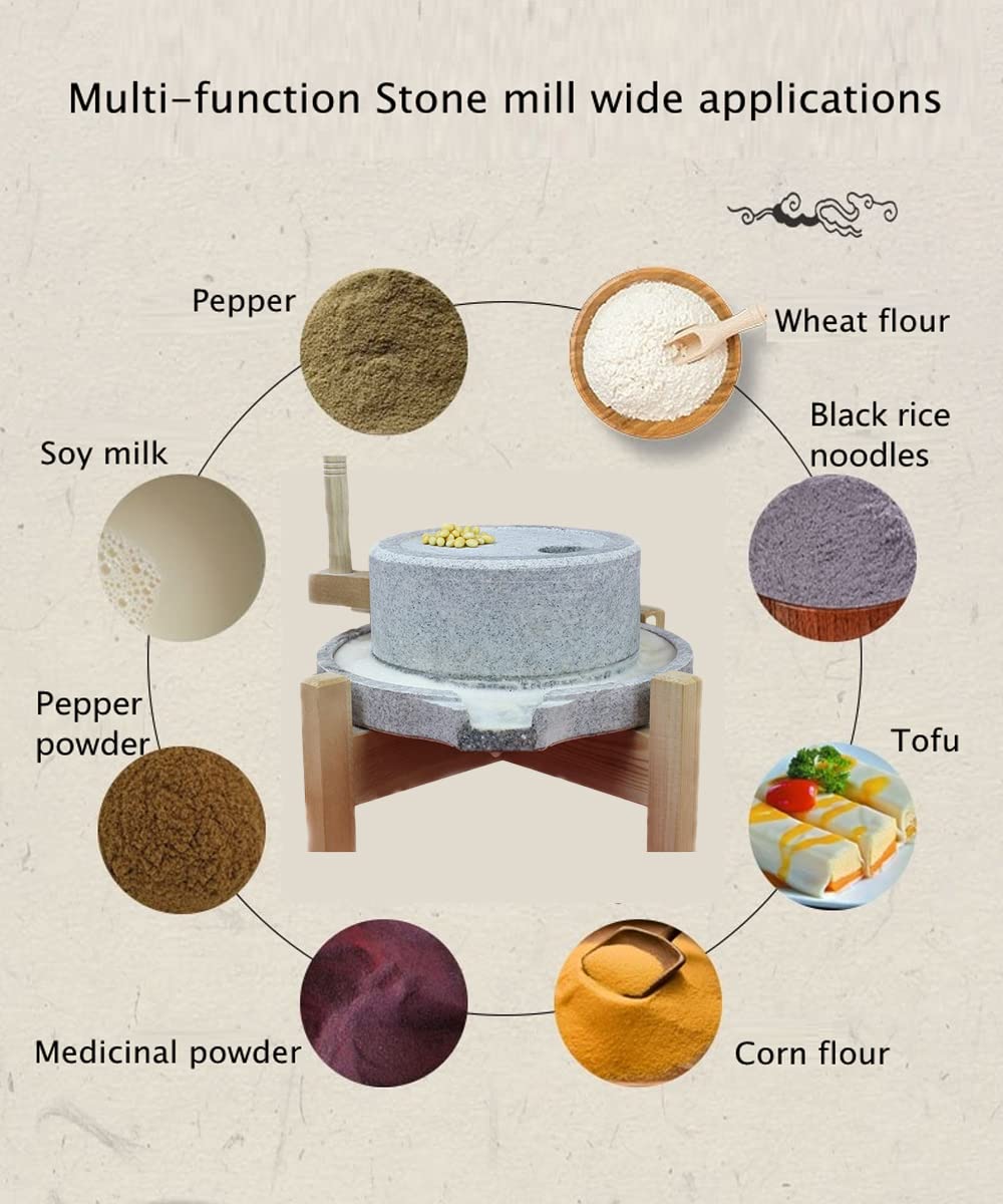 Manual Grain Wheat Flour Paste Stone Mill Grinder - Hand Crank Granite Mill for Tofu, Soymilk & Sesame - 13.8 Inch Rustic Food Processor | Perfect for Home Baking, Organic Cooking & Traditional Asian Cuisine