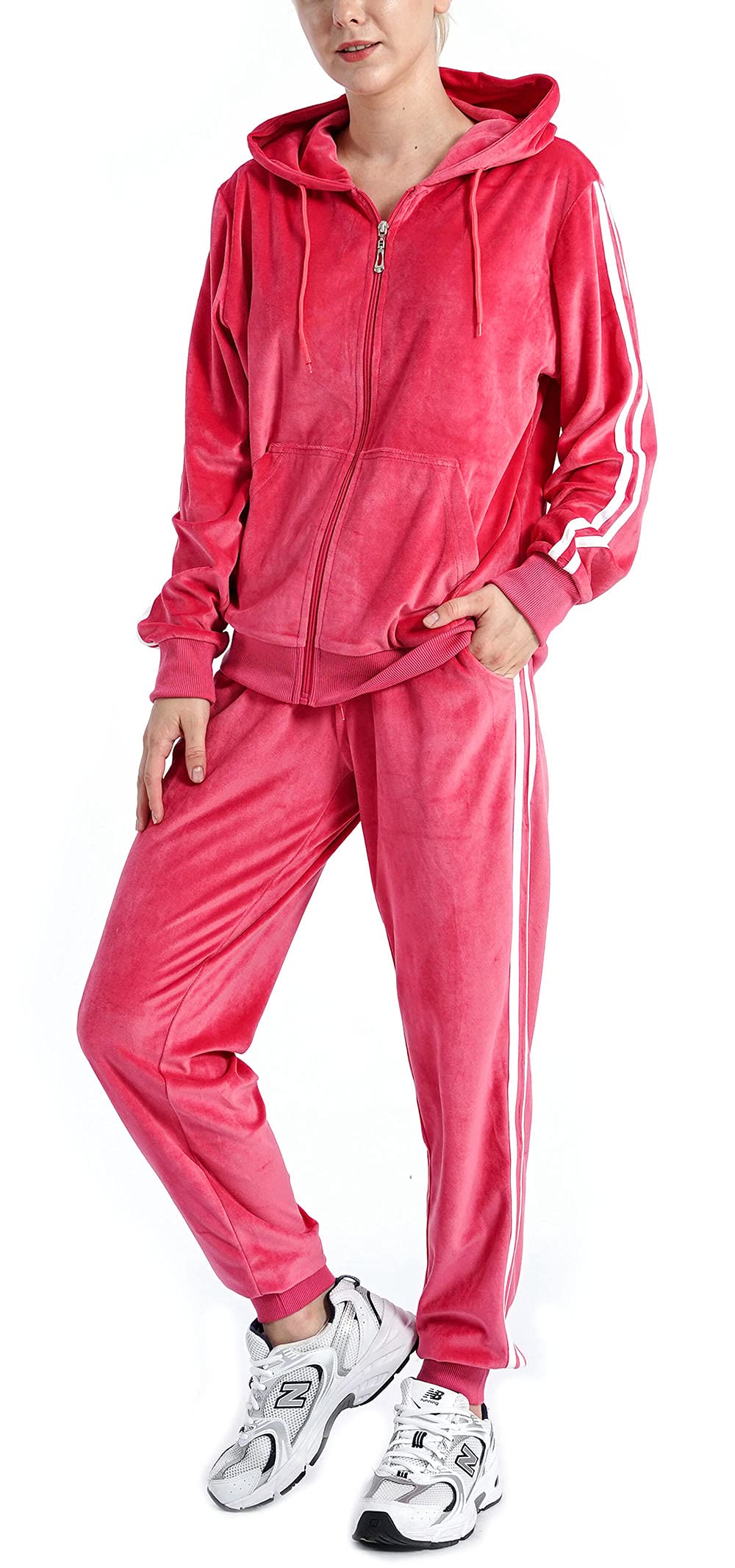 LeeHanTon Women's Velour Tracksuit Set - Athletic Zip Up Hoodie & Sweatpants Outfit with Stripes for Gym, Running & Casual Wear