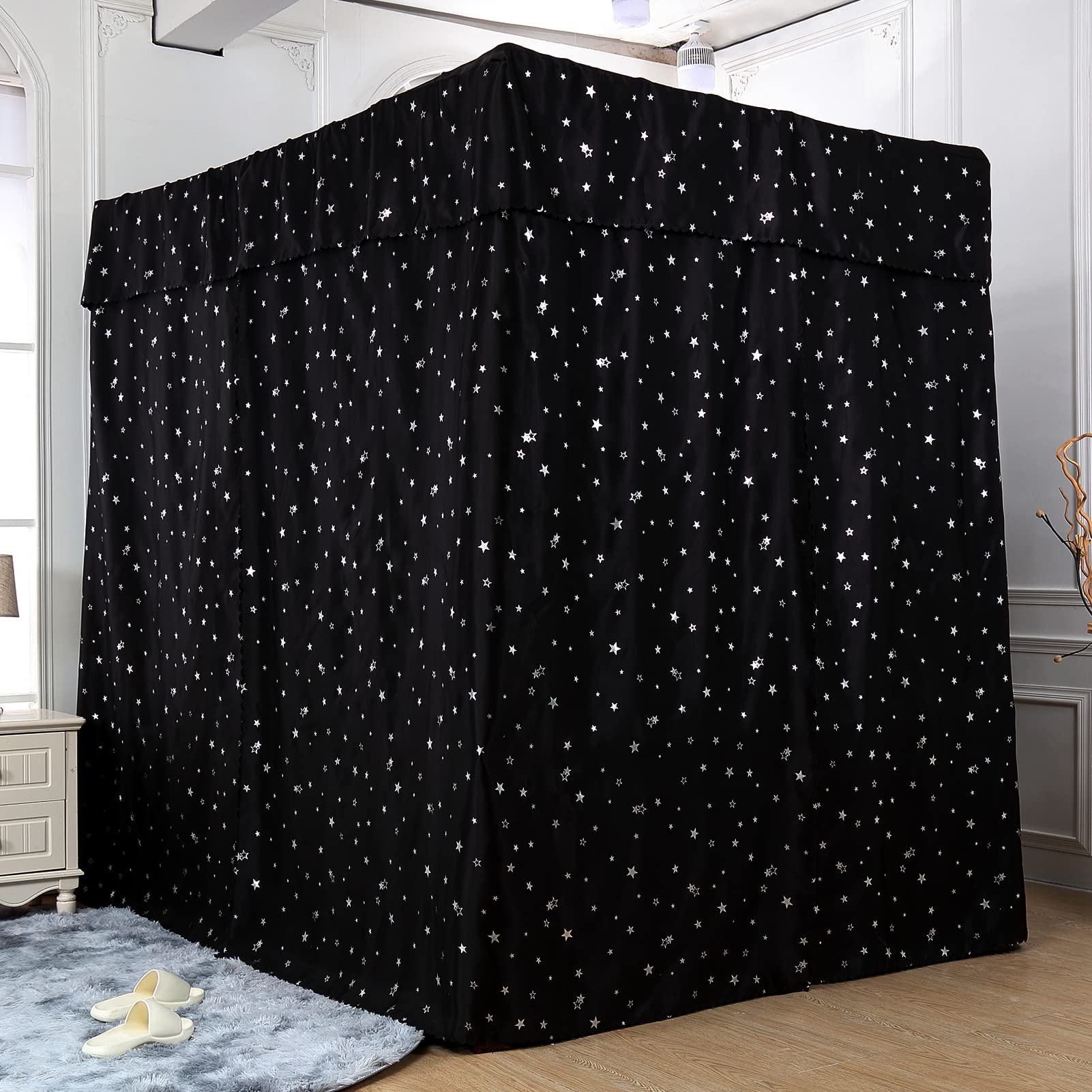 100% Lightproof Black Star Pattern Bed Canopy with 4 Corner Posts - Elegant Bedroom Decoration for Adults, Kids & Teens | Perfect for Nursery, Dorm Room or Gift (King Size, Black-Star-1 Set)