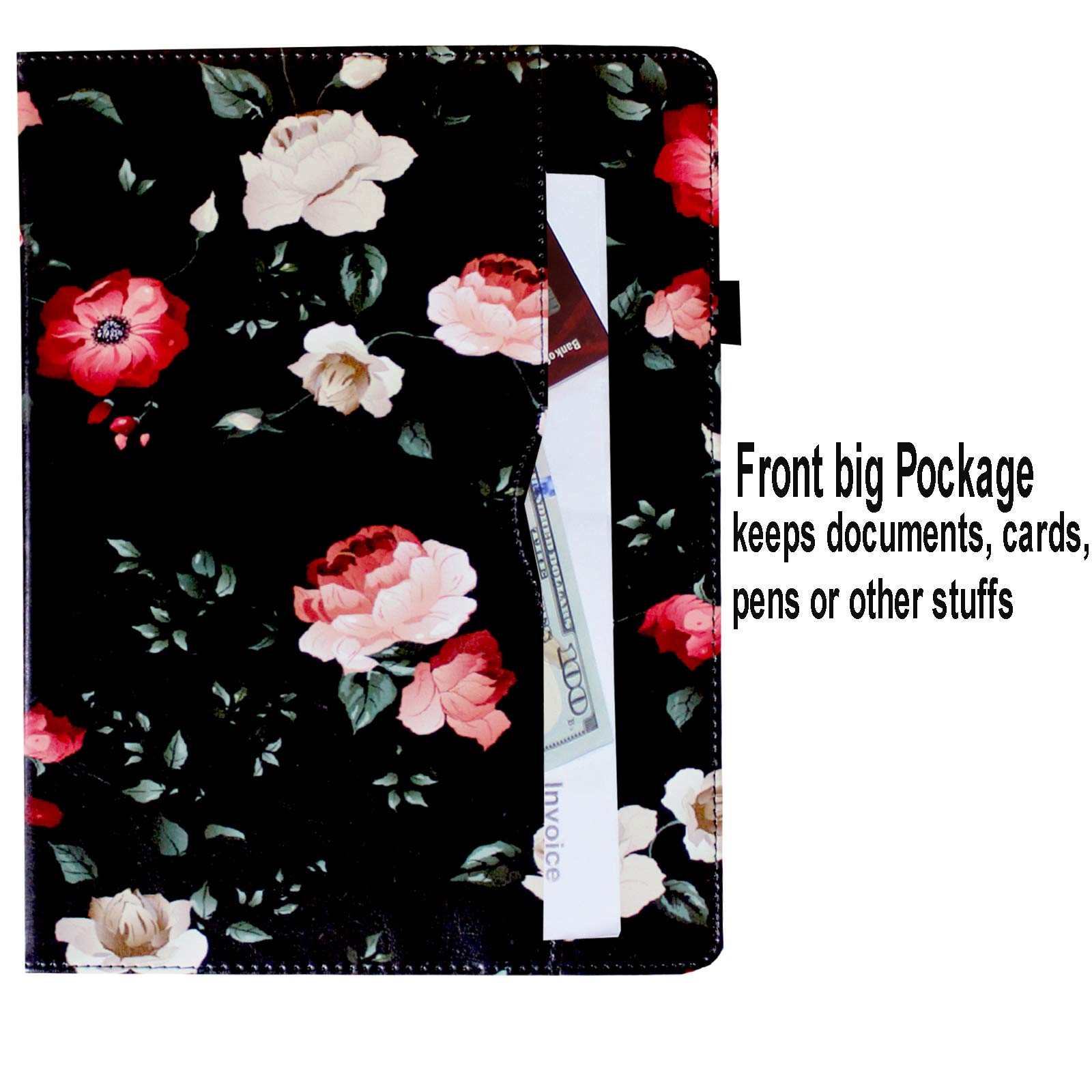 Premium 360° Rotating Case for iPad 9.7 (2018/2017) & iPad Air 1/2 - Multi-Angle Stand with Auto Wake/Sleep, Storage Pocket & Pencil Holder (Black Floral) - Perfect for Work, Study & Entertainment