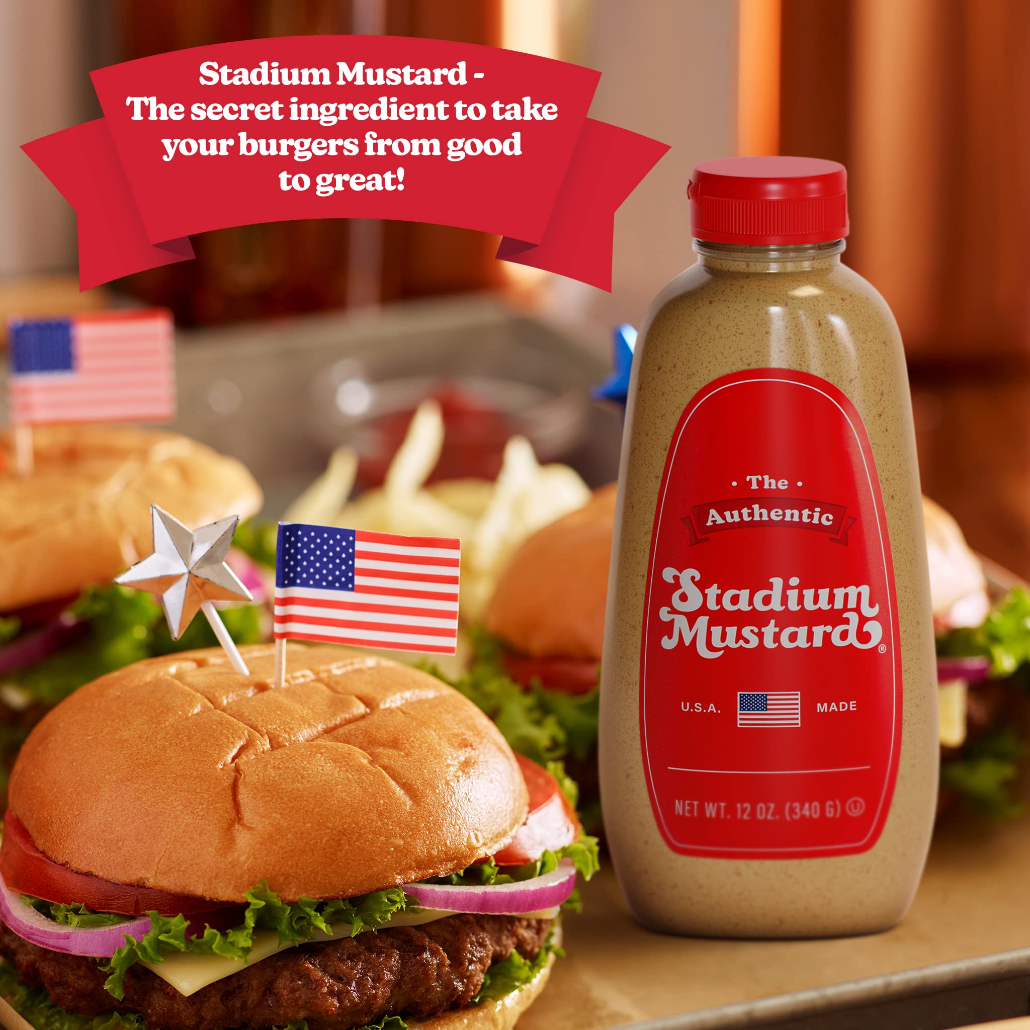 Authentic Stadium Mustard - Classic Hot Dog & Hamburger Condiment | Gluten Free, Sugar Free, Kosher, Fat Free | 12oz Bottle | Perfect for BBQs, Picnics & Game Day Snacks