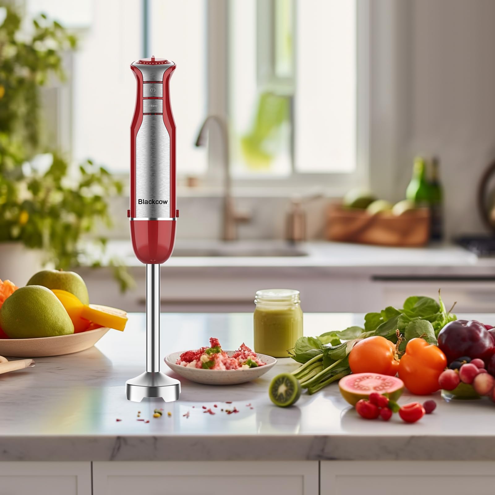 800W Powerful Immersion Hand Blender - 6 Speed & Turbo Electric Stick Mixer for Kitchen, Smoothies, Soups, Baby Food, Purees & Drinks (Rose Red) - Perfect for Meal Prep, Baking & Healthy Cooking