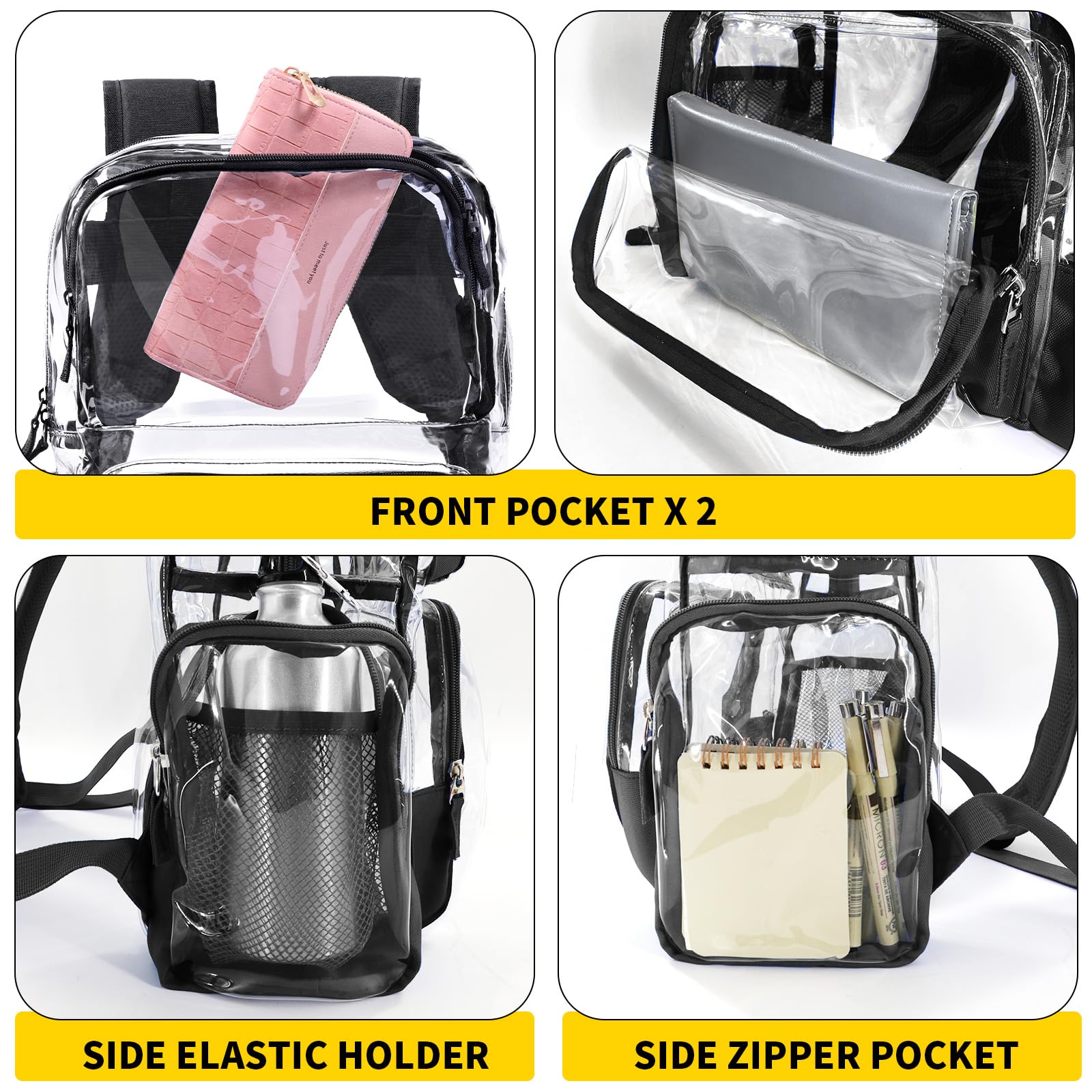 Vorspack Heavy Duty Clear Backpack - Extra Large Transparent School Backpack with Reinforced Bottom for College, Workplace & Security Checkpoints | Durable See-Through Bag for Travel, Concerts & Stadium Events (Black)