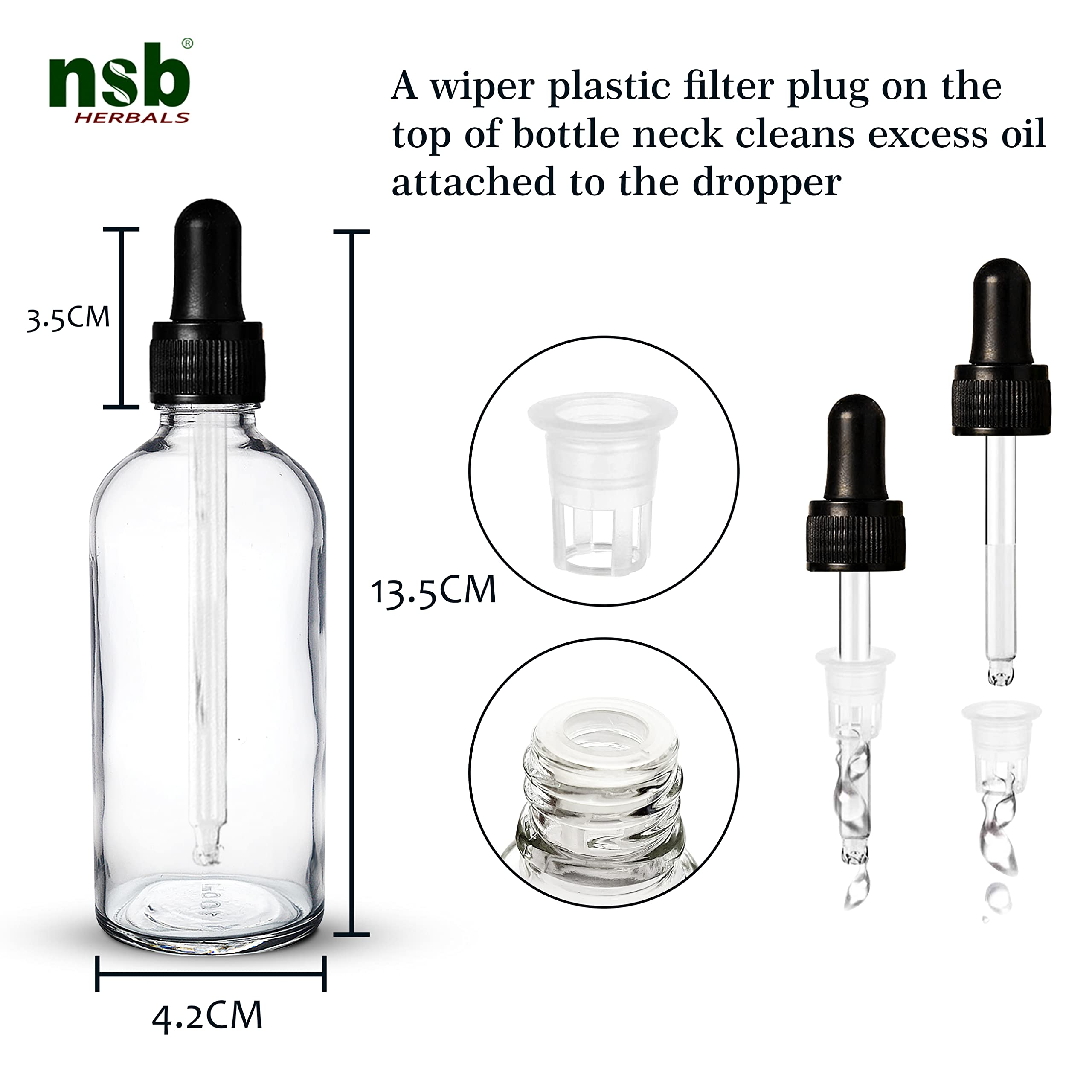NSB Herbals 100ml Clear Round Empty Glass Bottle with Dropper - Black Ring & Silicone Teat - Refillable for Essential Oils, Perfumes, Blends (Pack of 3) - Perfect for DIY Aromatherapy, Skincare & Travel Size Liquids