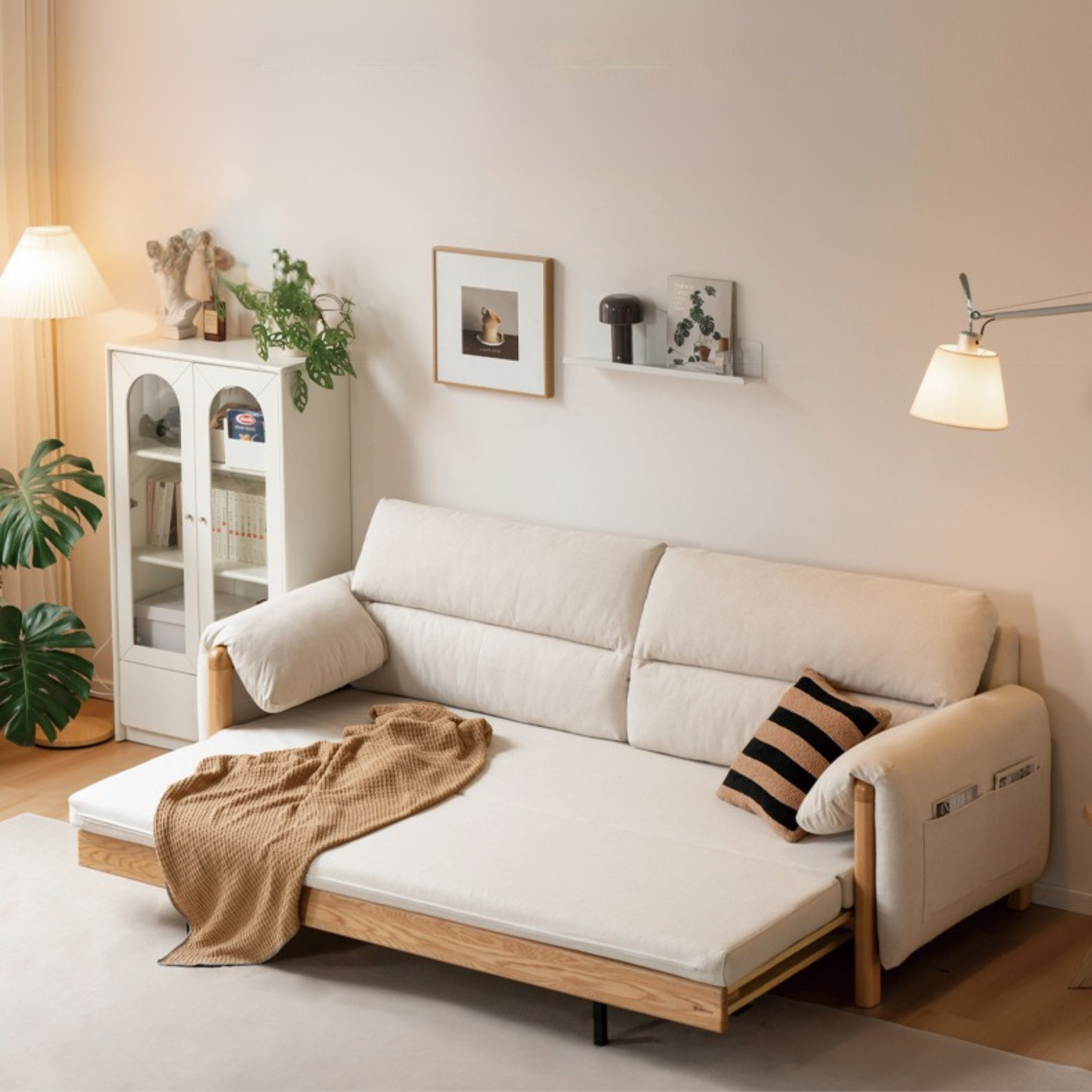 Solid Oak Wood Convertible Sofa Bed - Retractable Design for Sitting & Sleeping | Perfect for Small Spaces, Guest Rooms & Apartments