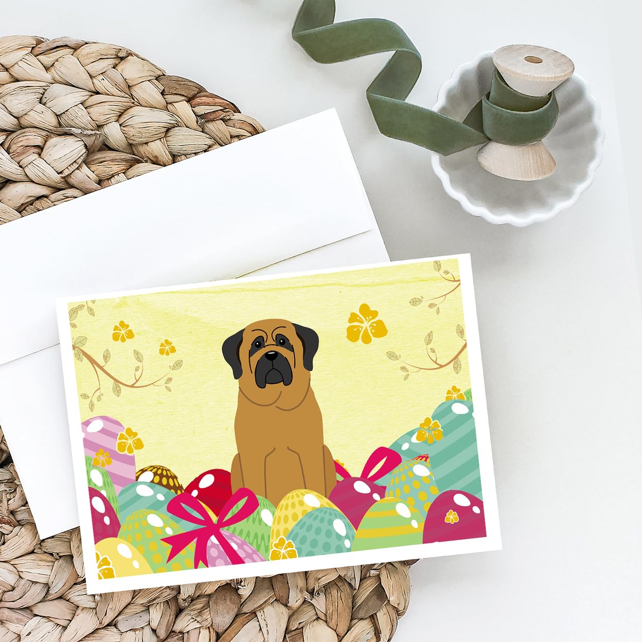 Easter Eggs Mastiff Greeting Cards - Pack of 8 Blank A7 Note Cards (5x7) with Envelopes - Whimsical Dog Lover Stationery for Easter Gifts, Thank You Notes & Holiday Card Exchanges